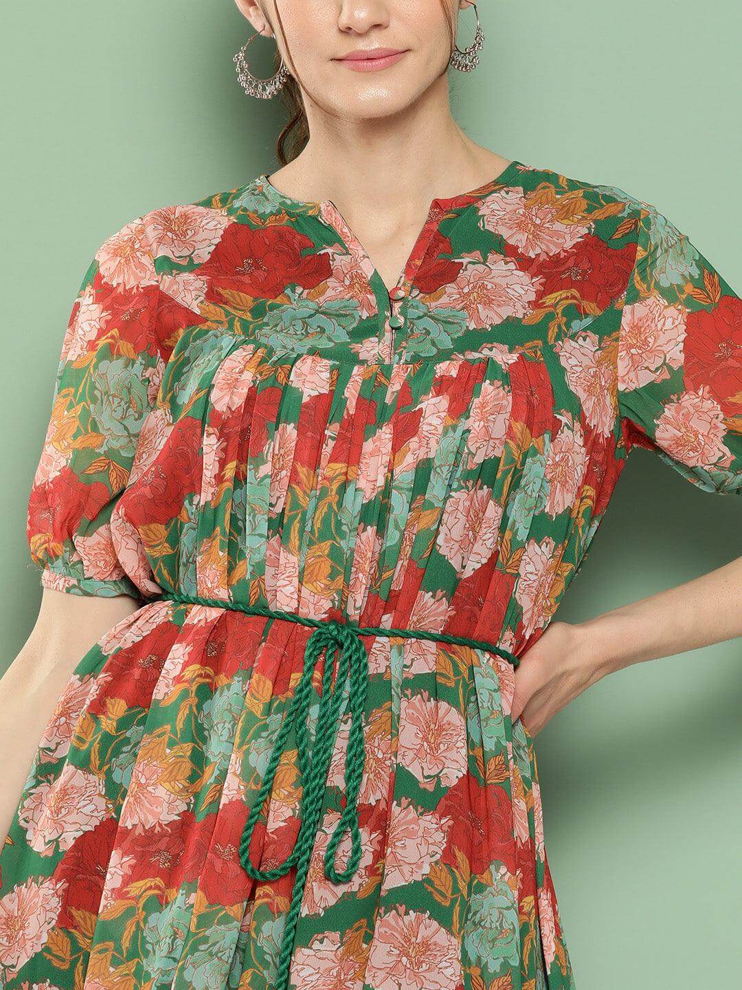 Green Georgette Digital Printed Empire Dress