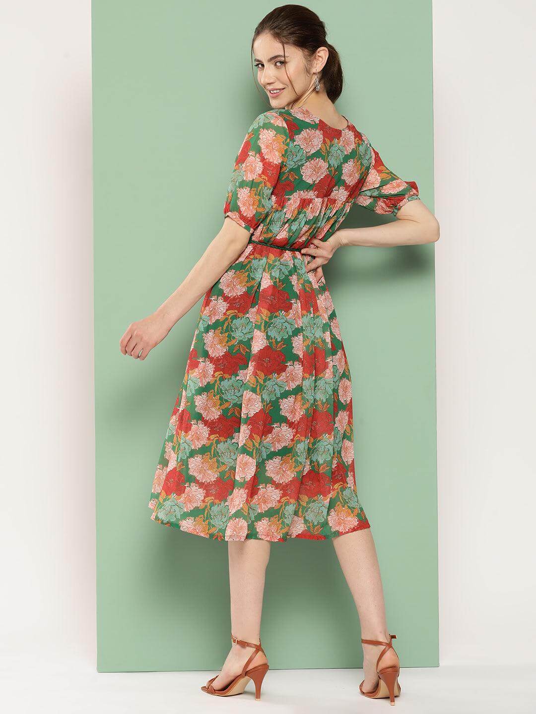 Green Georgette Digital Printed Empire Dress