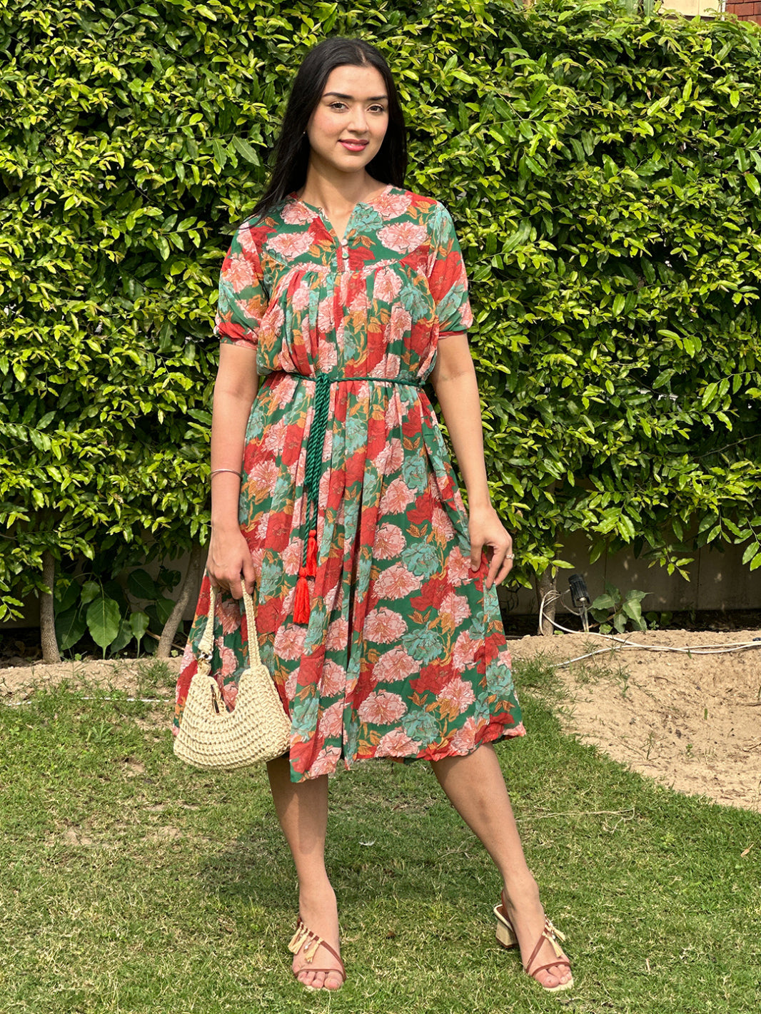 Green Georgette Digital Printed Empire Dress