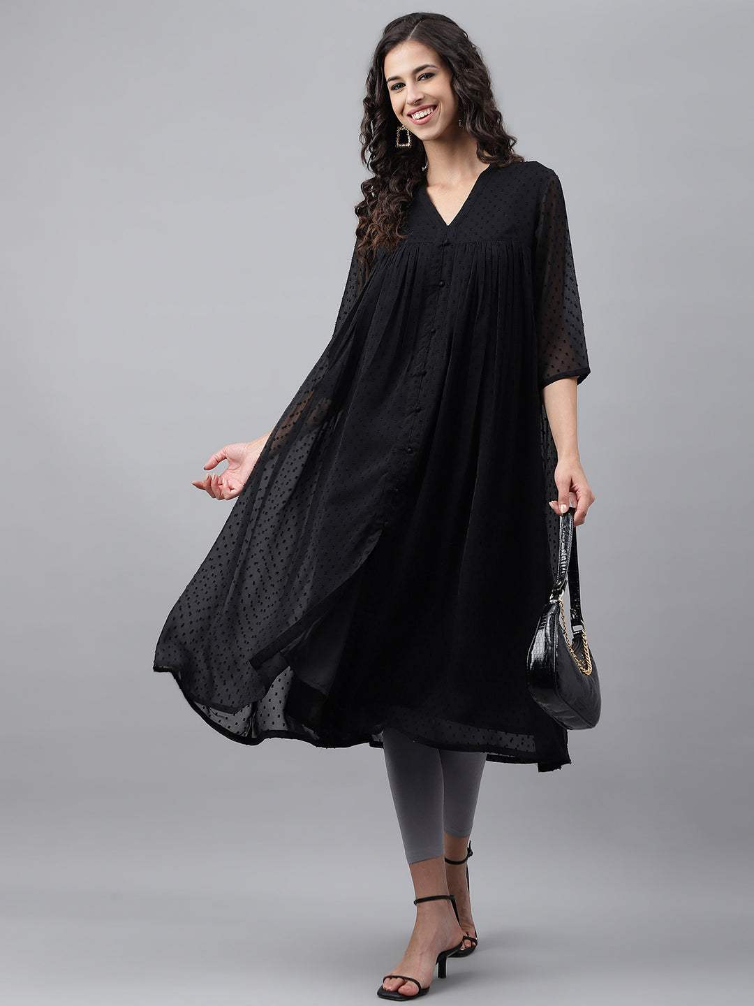 Black Dobby Chiffon Self Design Empire Kurta
