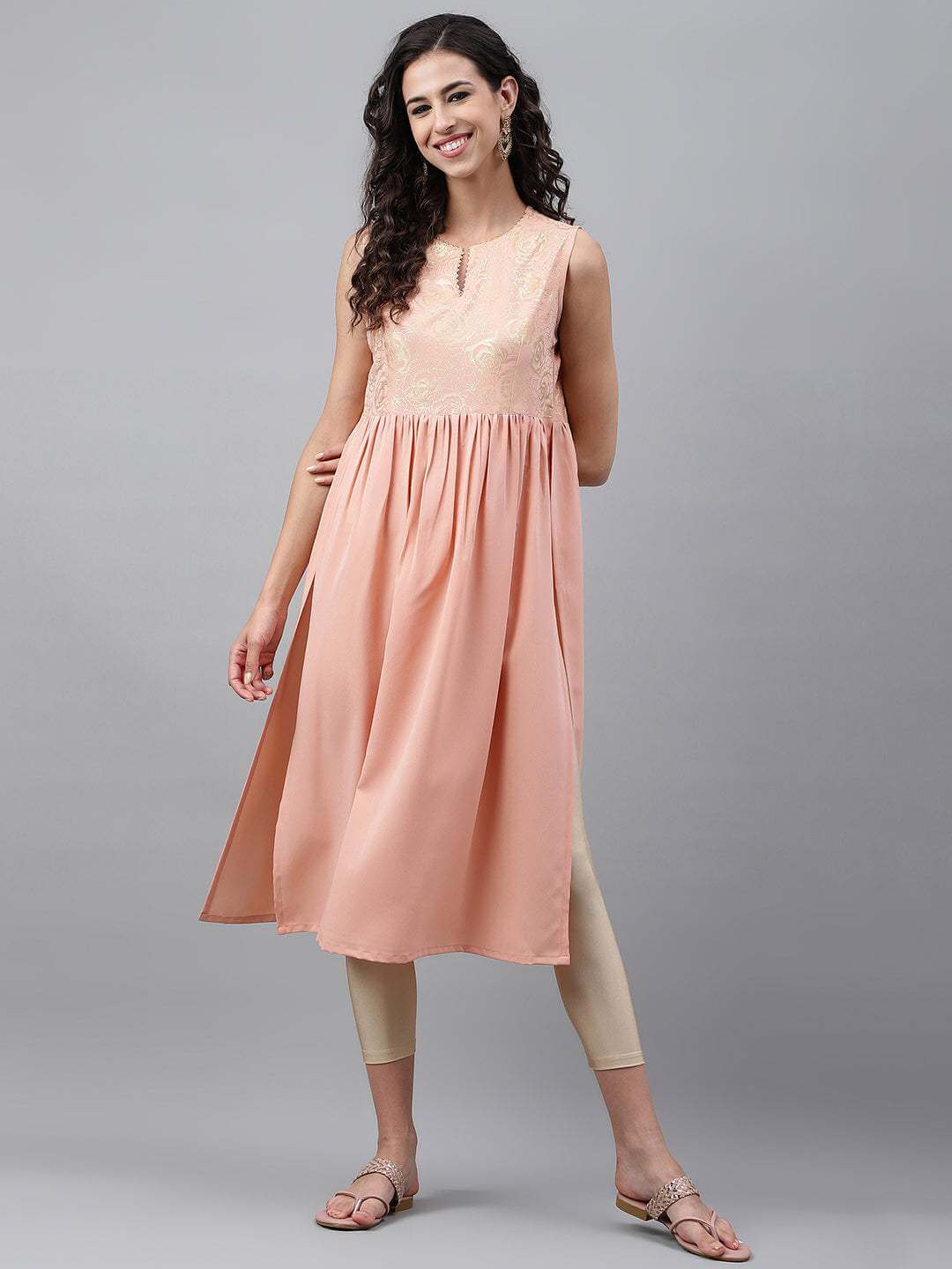 Peach Crepe Foil Printed Gathered Kurta