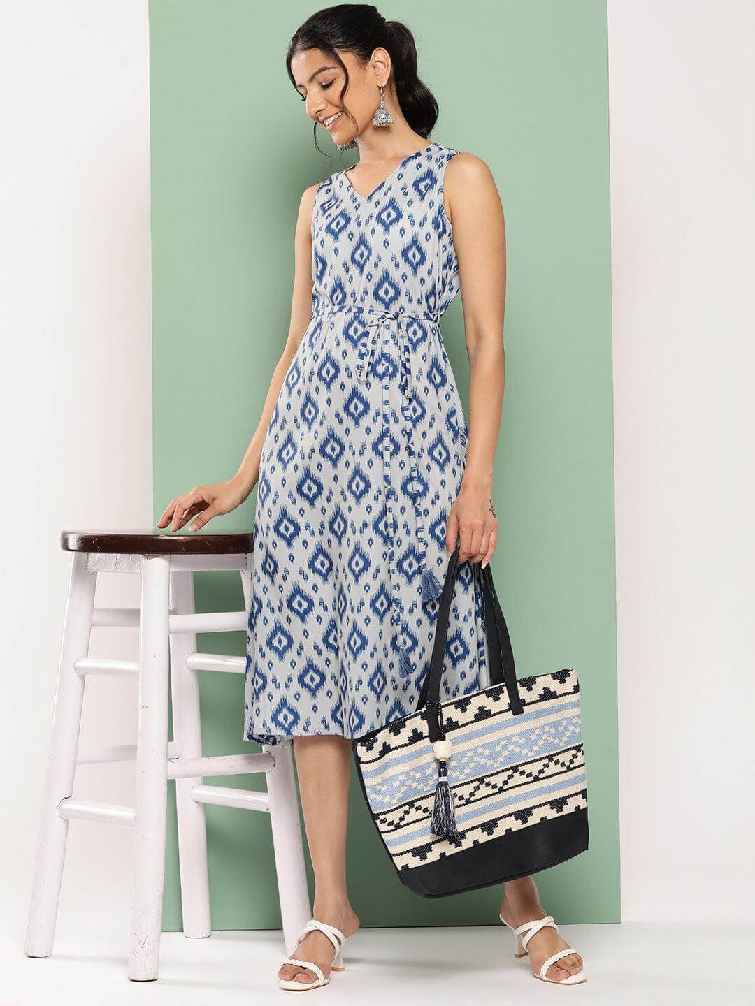 Grey Crepe Ikat Printed A Line Dress