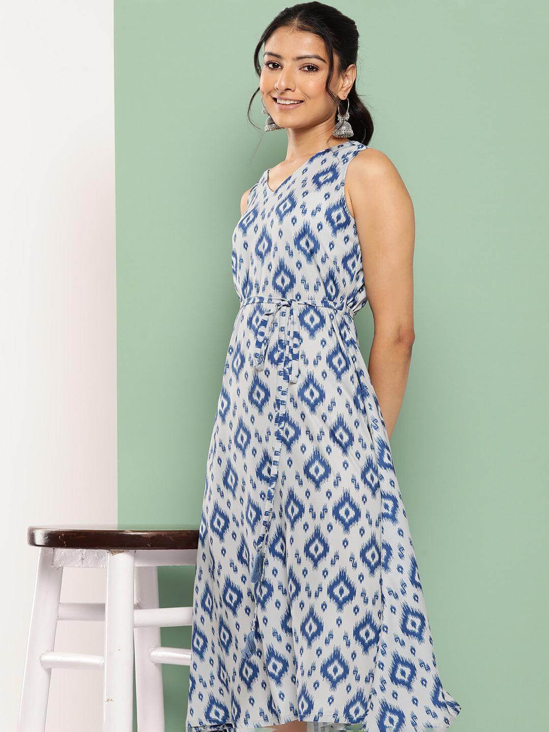 Grey Crepe Ikat Printed A Line Dress