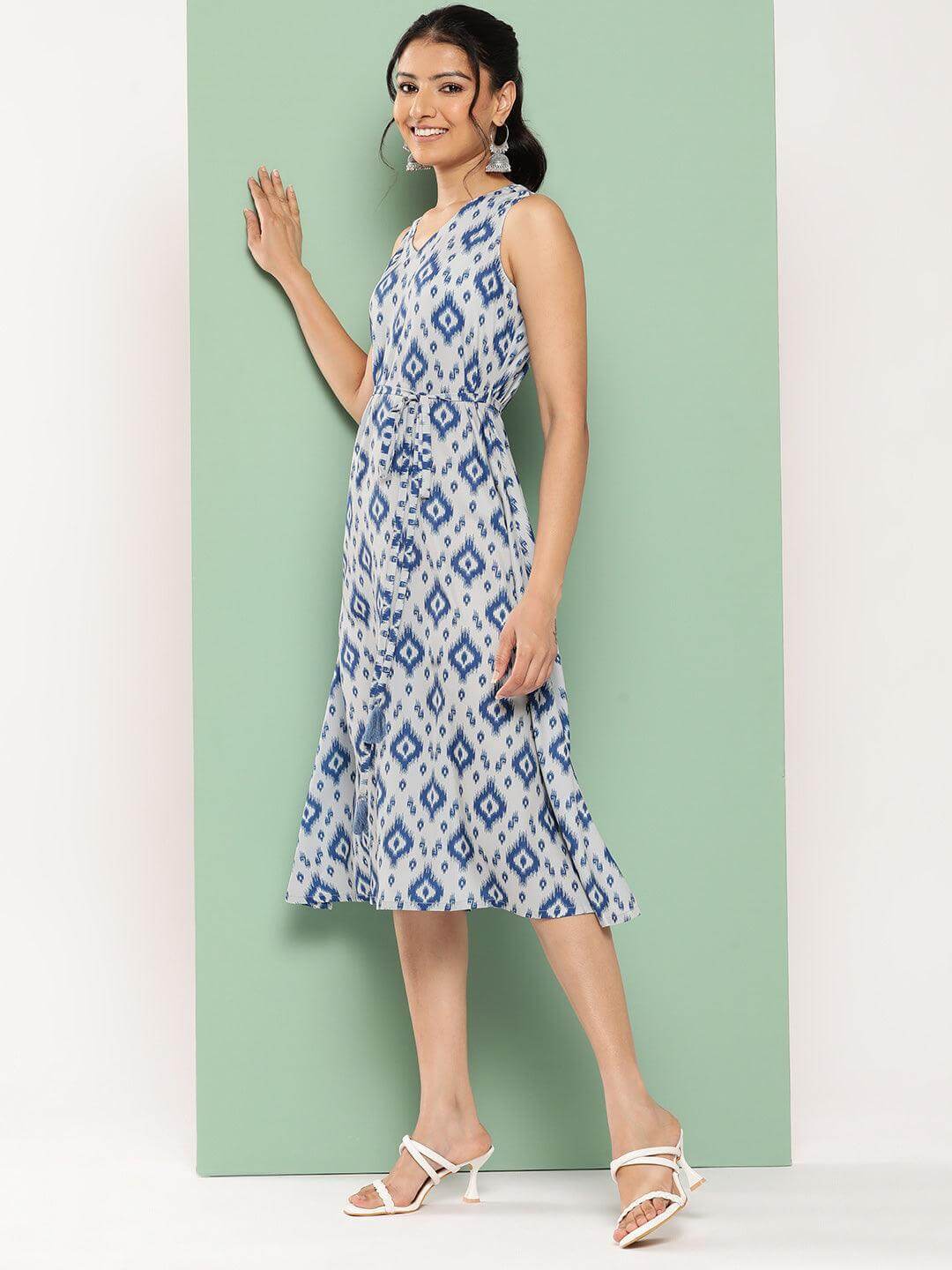 Grey Crepe Ikat Printed A Line Dress