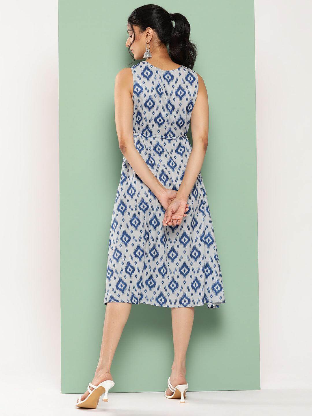 Grey Crepe Ikat Printed A Line Dress