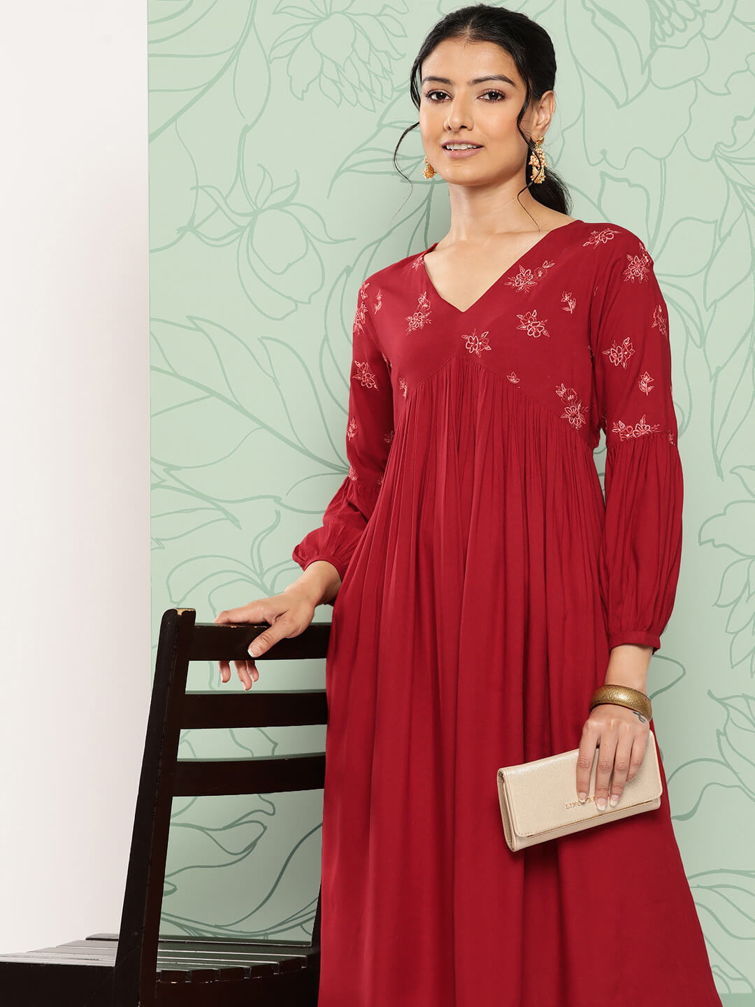 Maroon Rayon Solid Gathered Kurta