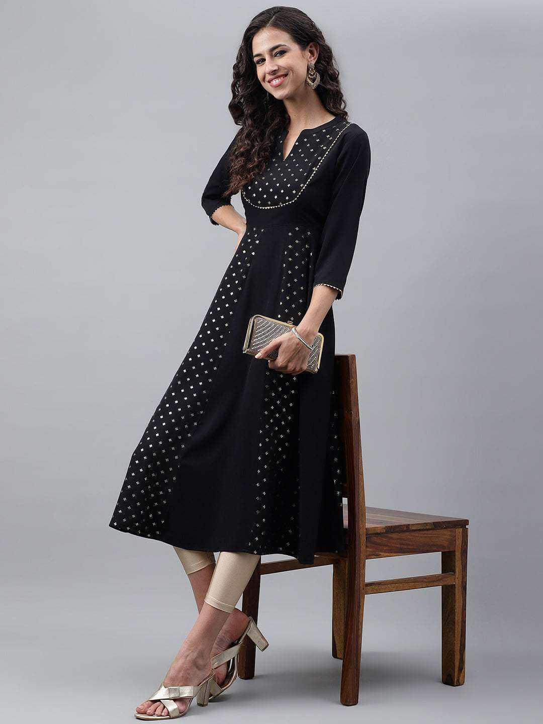 Black Crepe Foil Printed Anarkali Kurta