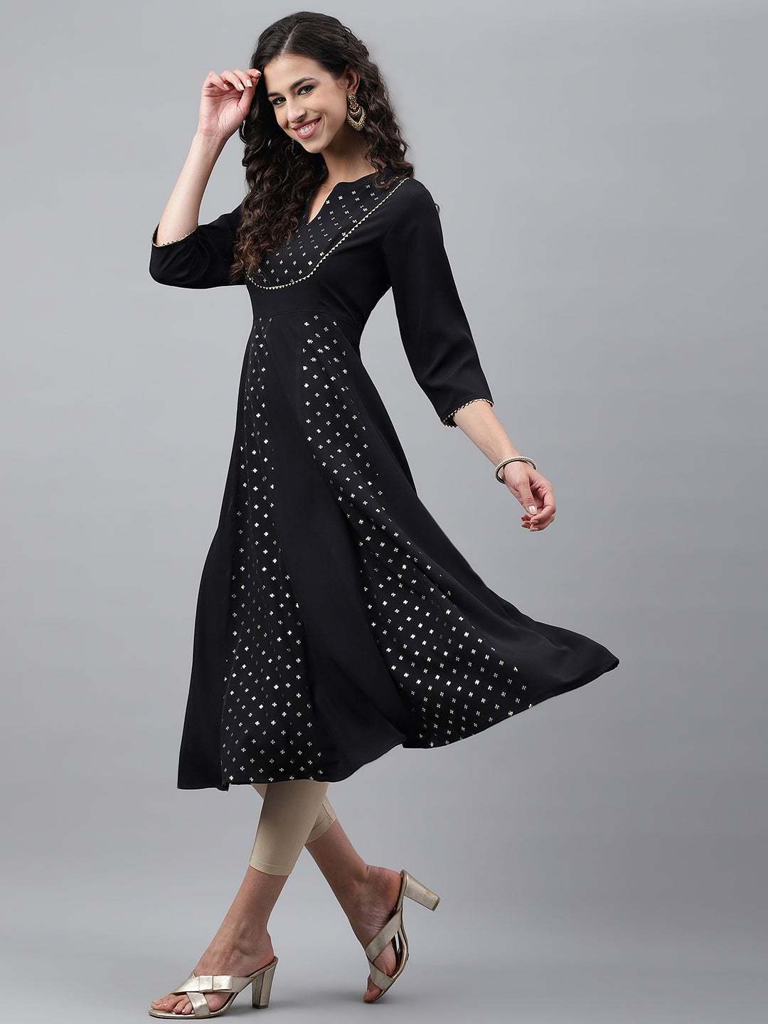 Black Crepe Foil Printed Anarkali Kurta