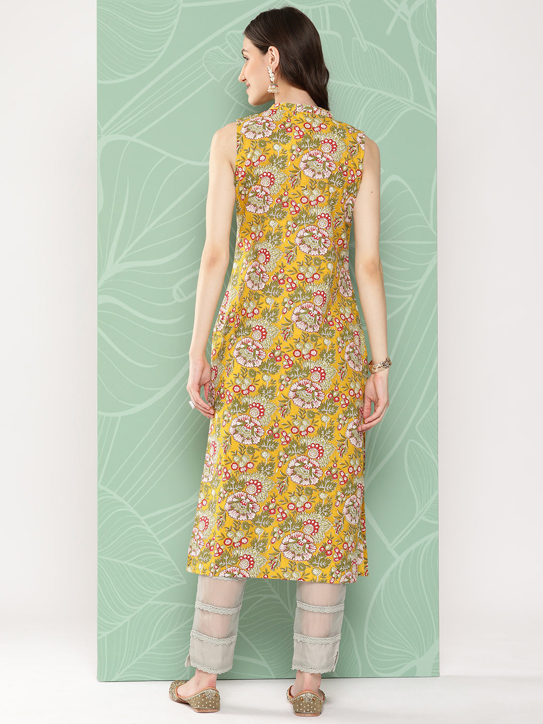 Yellow Cotton Floral Printed Straight Kurta
