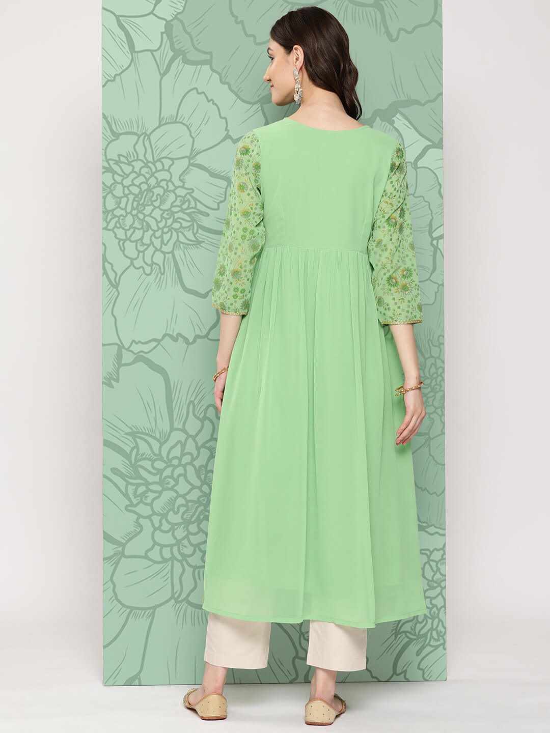 Light Green Georgette Digital Floral Printed Flared Kurta