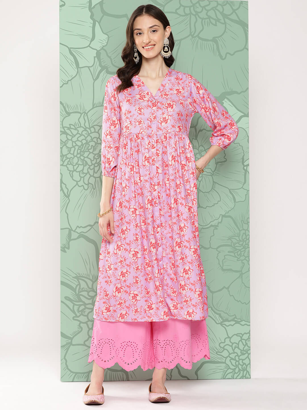 Lavender Moss Digital Floral Printed Gathered Kurta