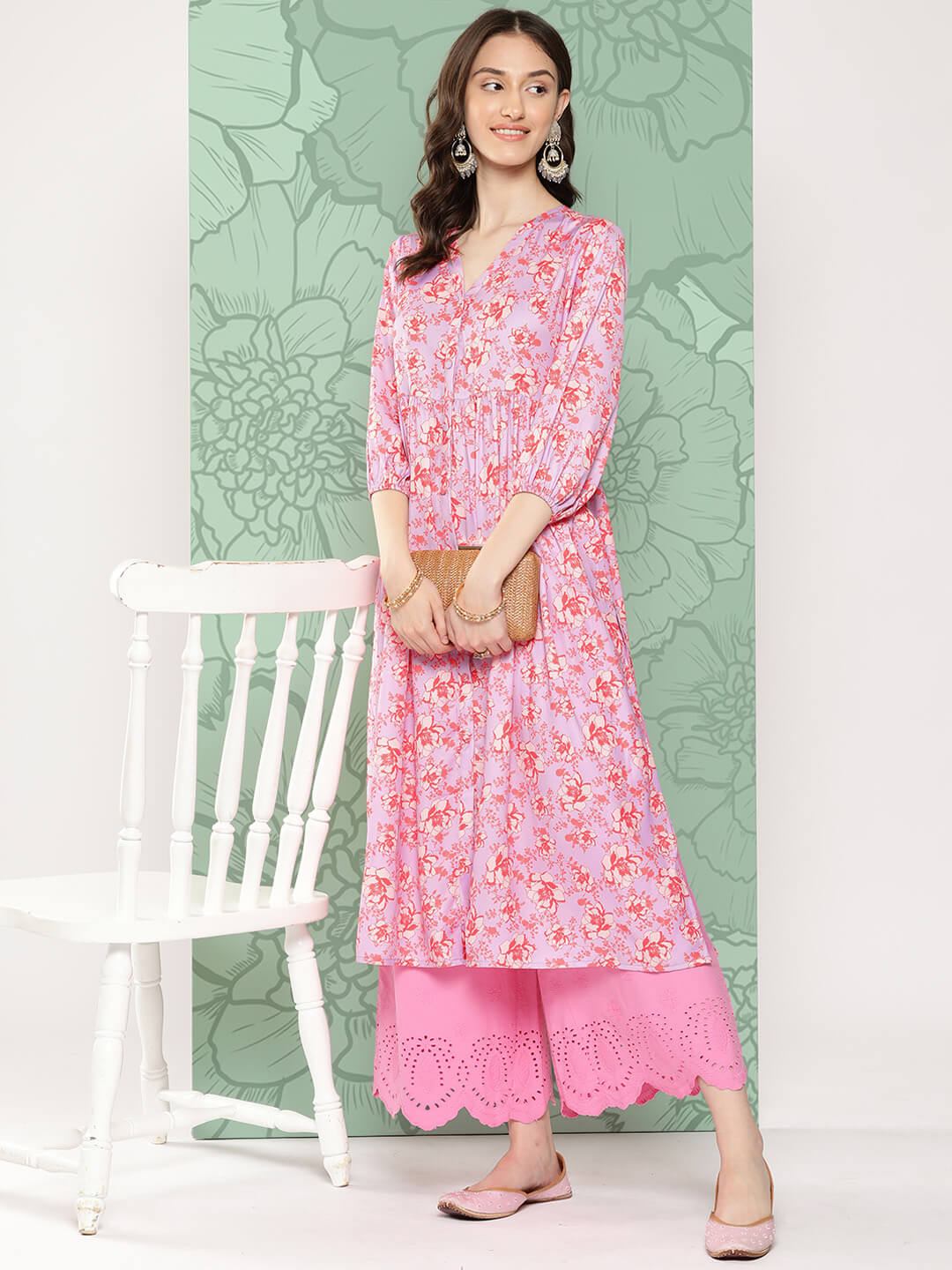 Lavender Moss Digital Floral Printed Gathered Kurta