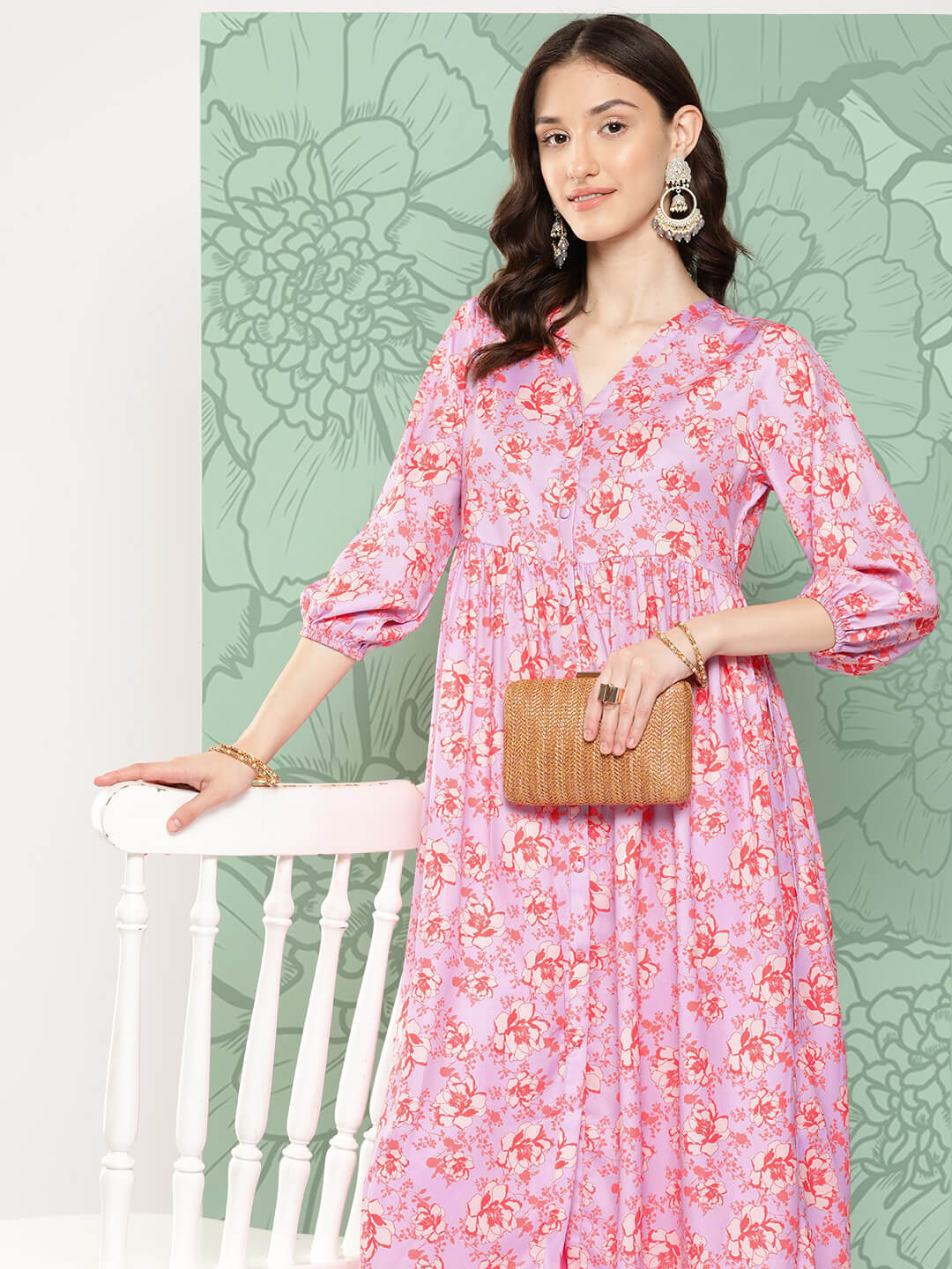 Lavender Moss Digital Floral Printed Gathered Kurta