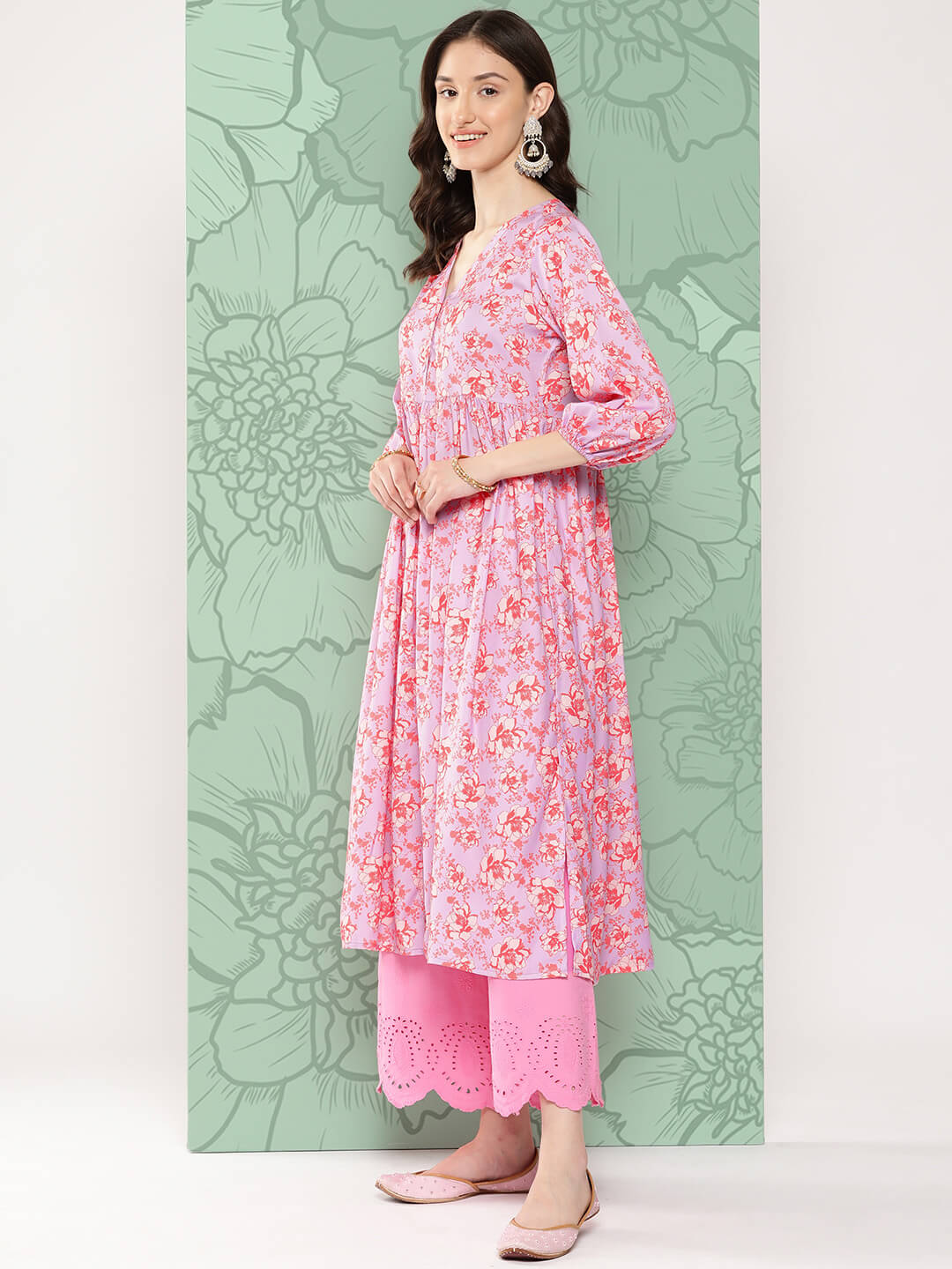 Lavender Moss Digital Floral Printed Gathered Kurta
