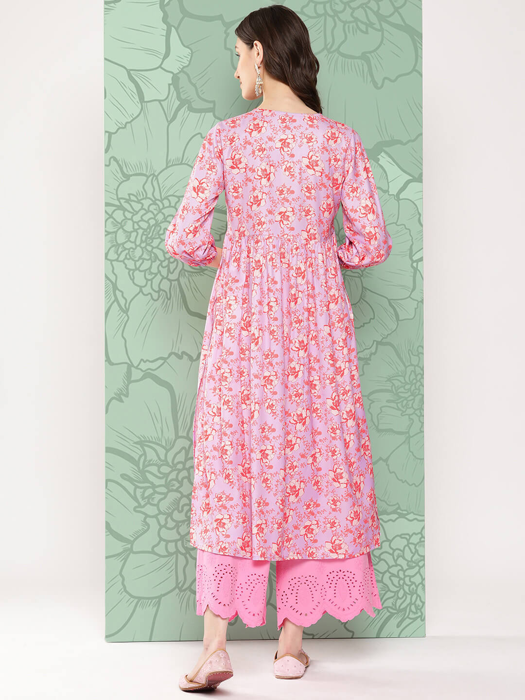 Lavender Moss Digital Floral Printed Gathered Kurta