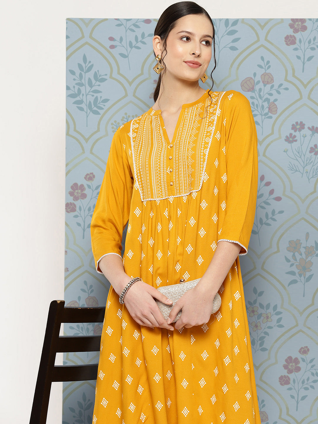 Yellow Rayon Ethnic Motif Printed A-Line Kurta