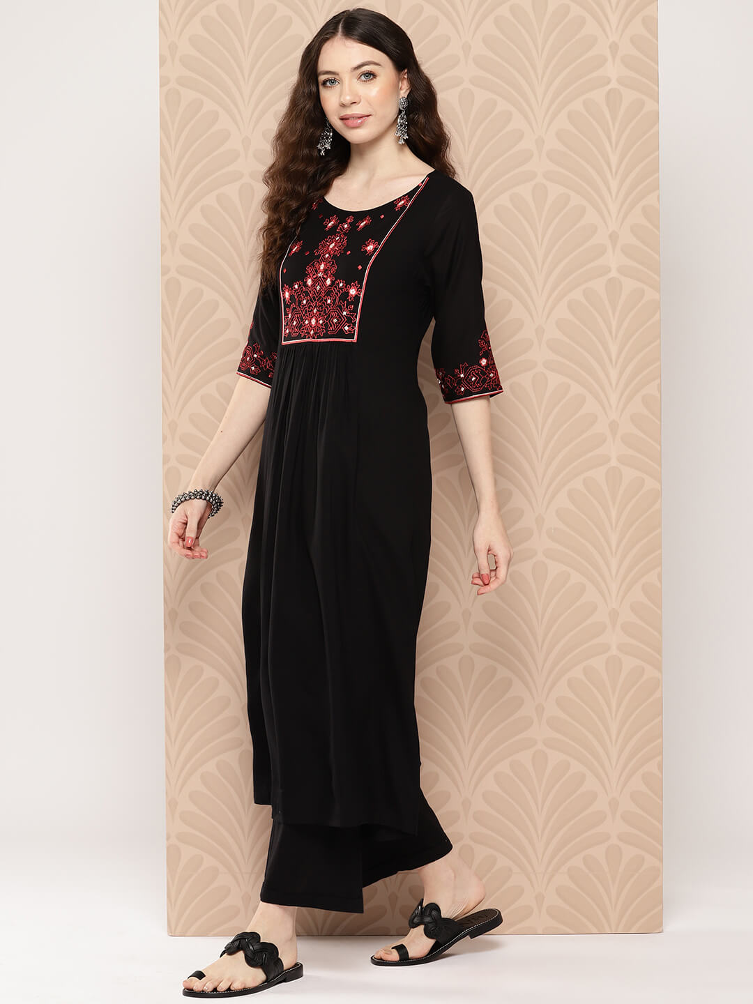 Black Rayon Yoke Embroidered A-Line Kurta