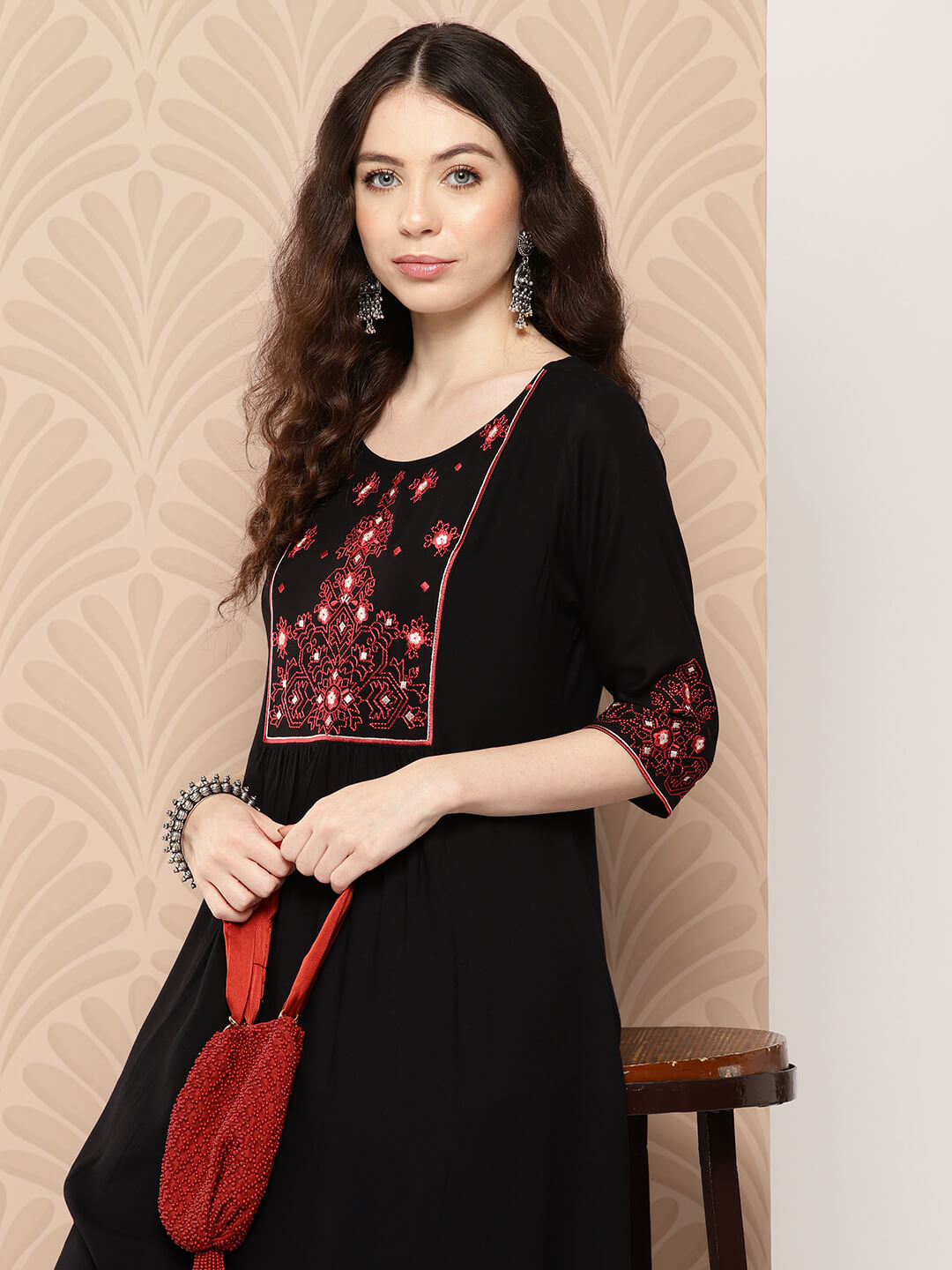 Black Rayon Yoke Embroidered A-Line Kurta