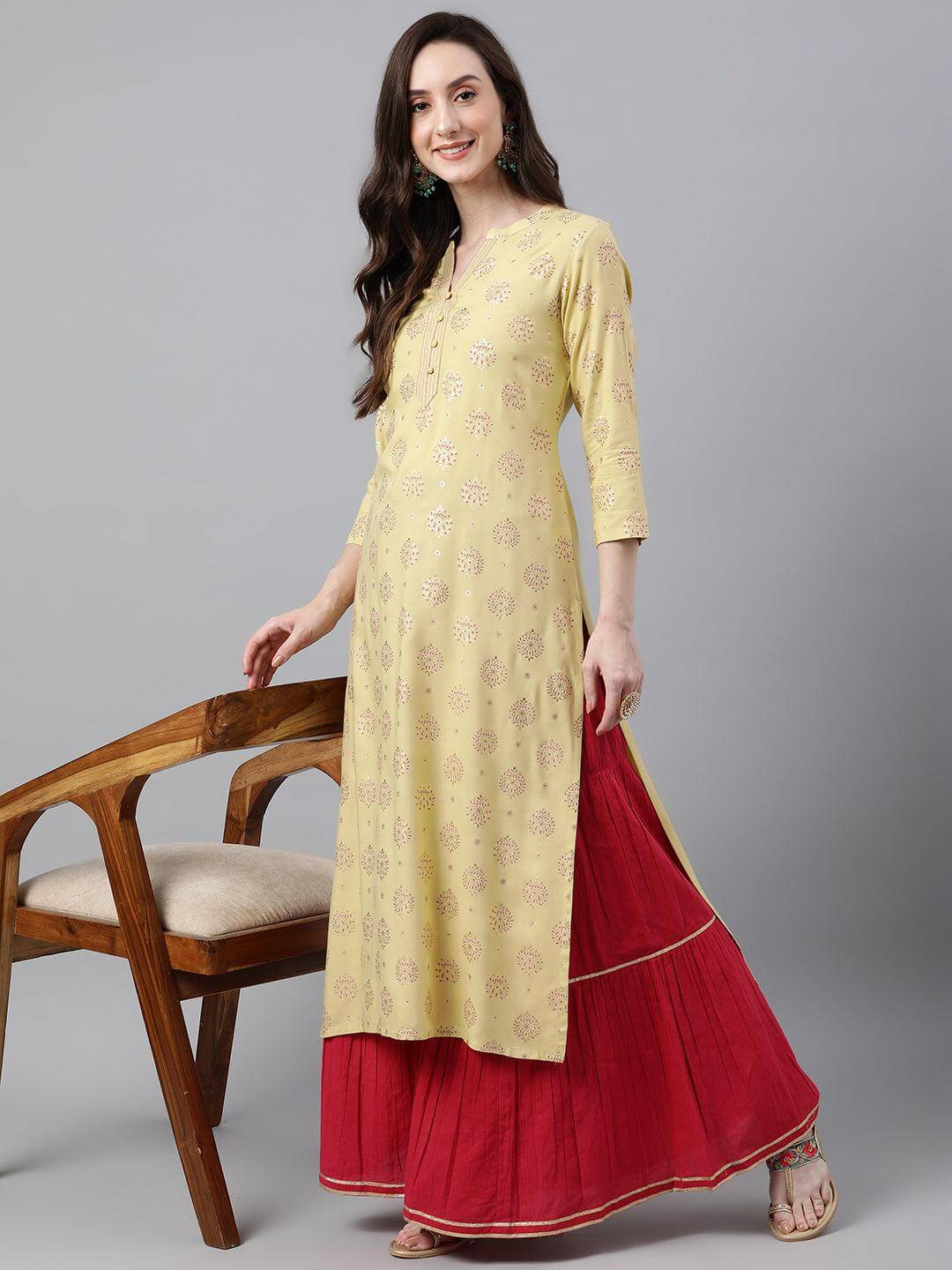 Yellow Rayon Ethnic motifs Straight Kurta