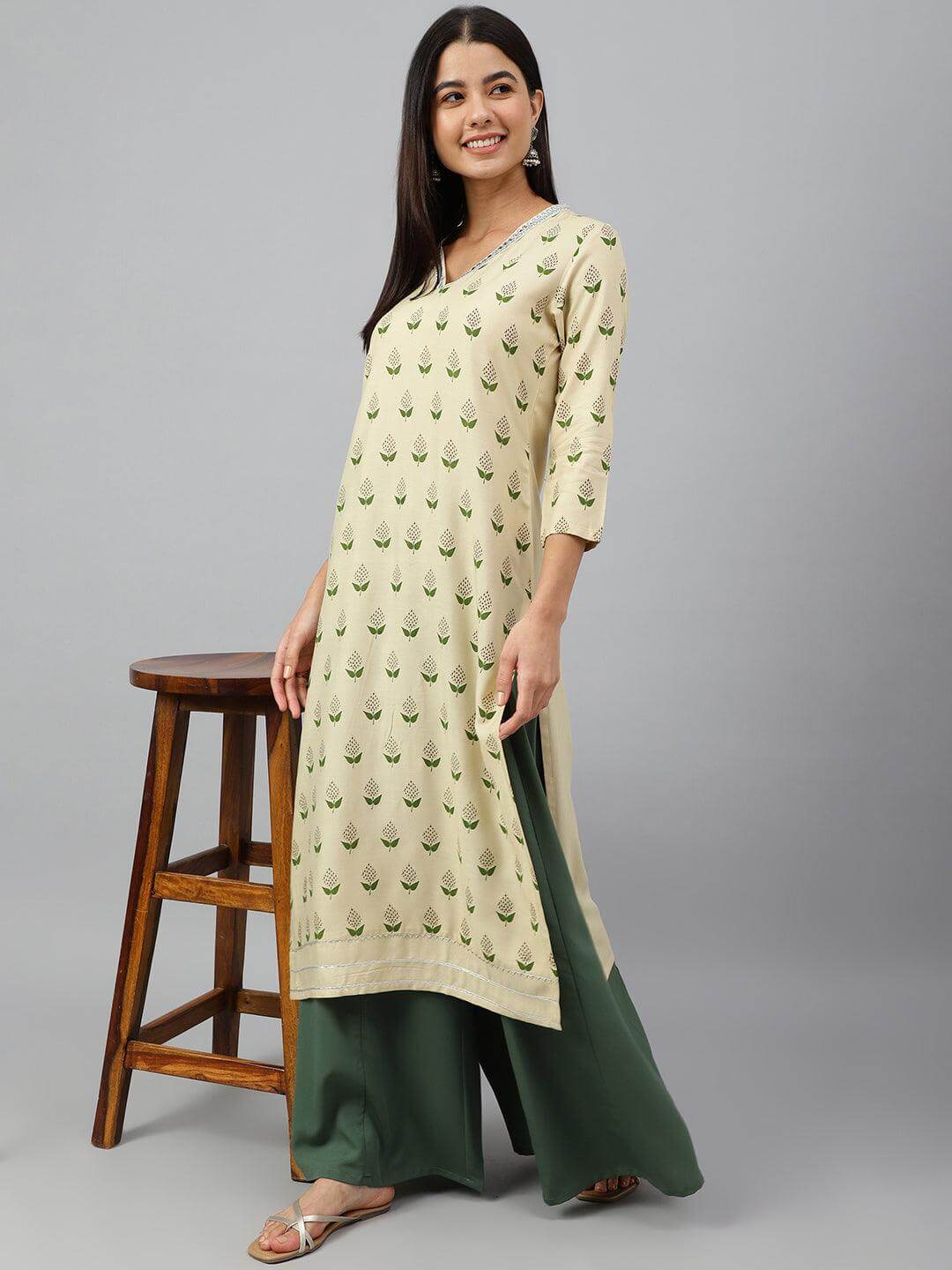 Beige Rayon Botanical Print Straight Kurta