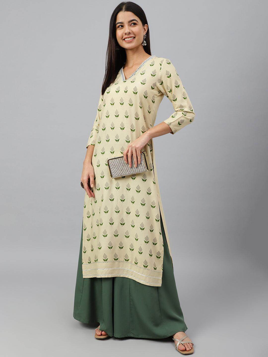 Beige Rayon Botanical Print Straight Kurta