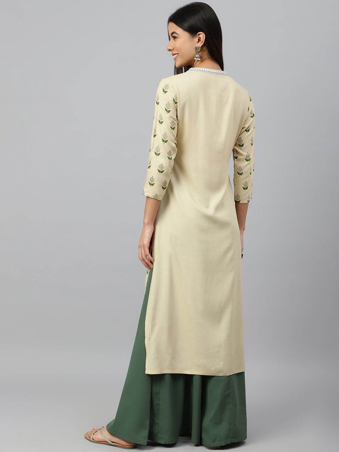 Beige Rayon Botanical Print Straight Kurta