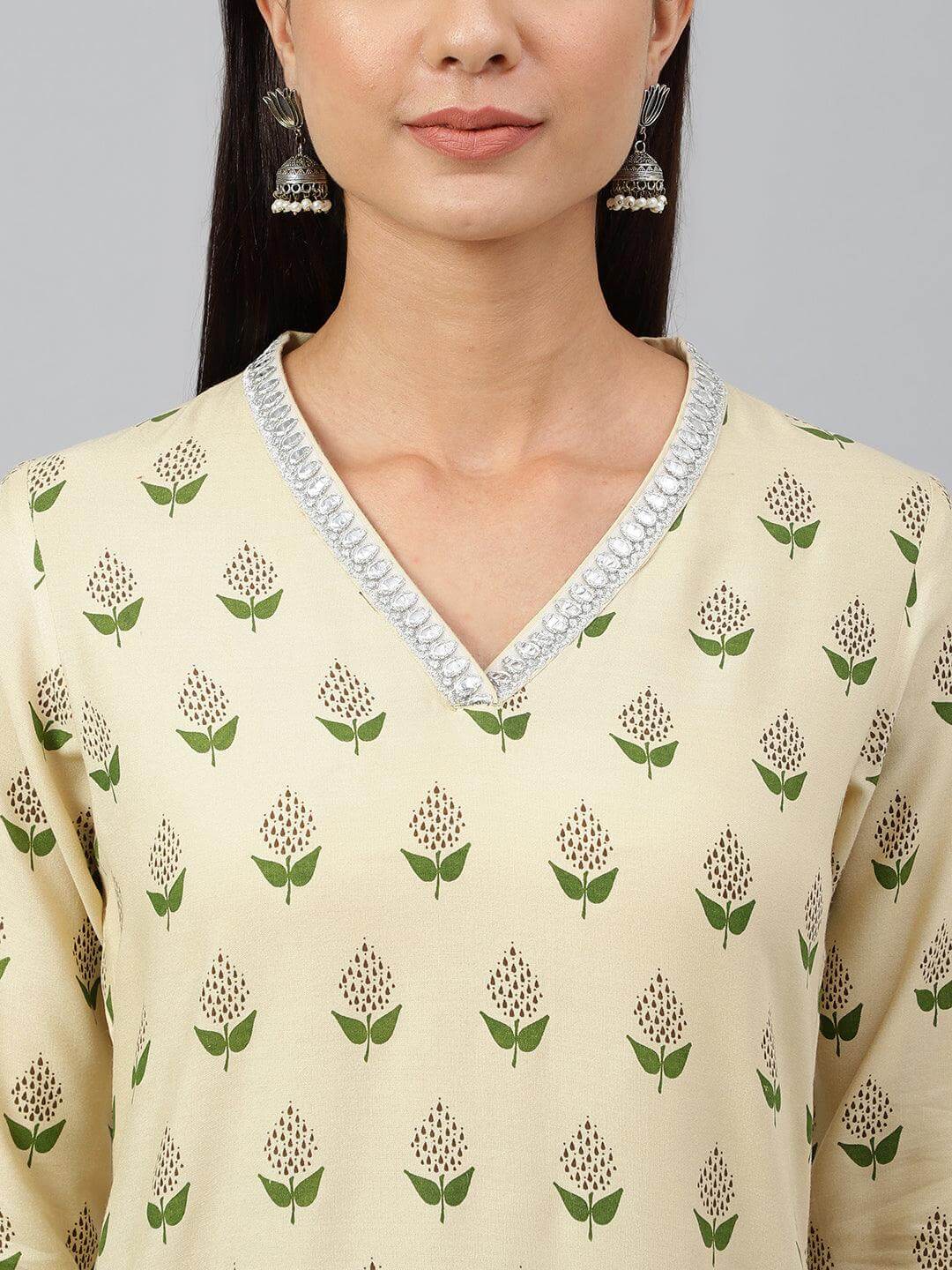 Beige Rayon Botanical Print Straight Kurta