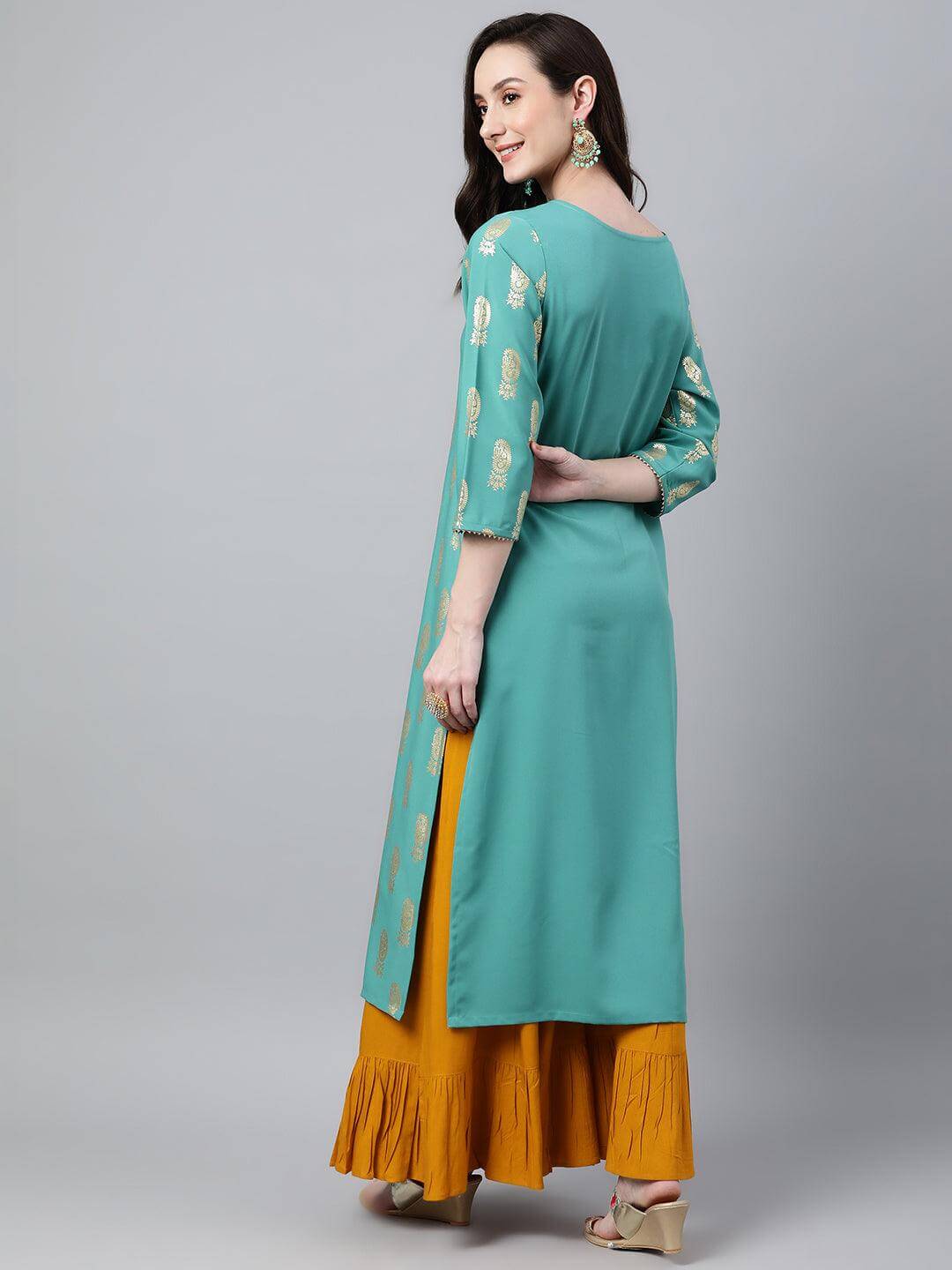 Sea Green Crepe Floral Foil Print Straight Kurta