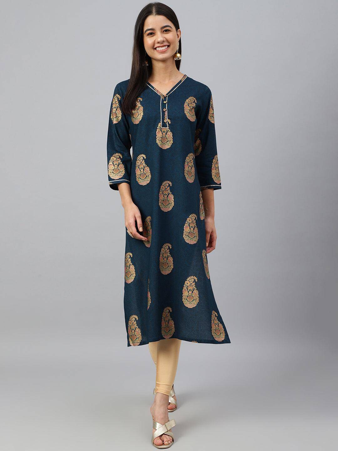 Teal Blue Rayon Paisley Foil Print Straight Kurta