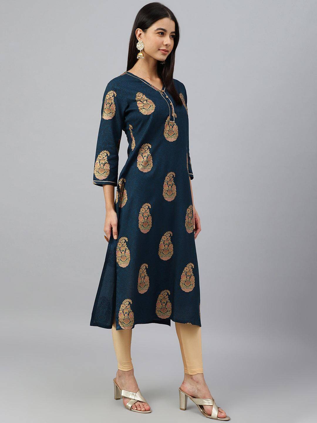 Teal Blue Rayon Paisley Foil Print Straight Kurta