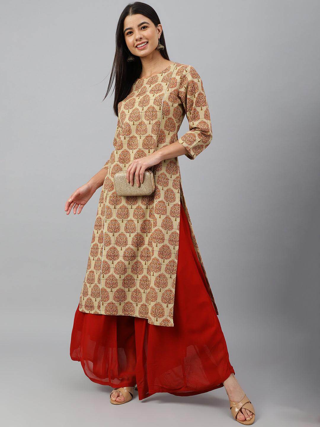 Beige Cotton Ethnic motifs Straight Kurta