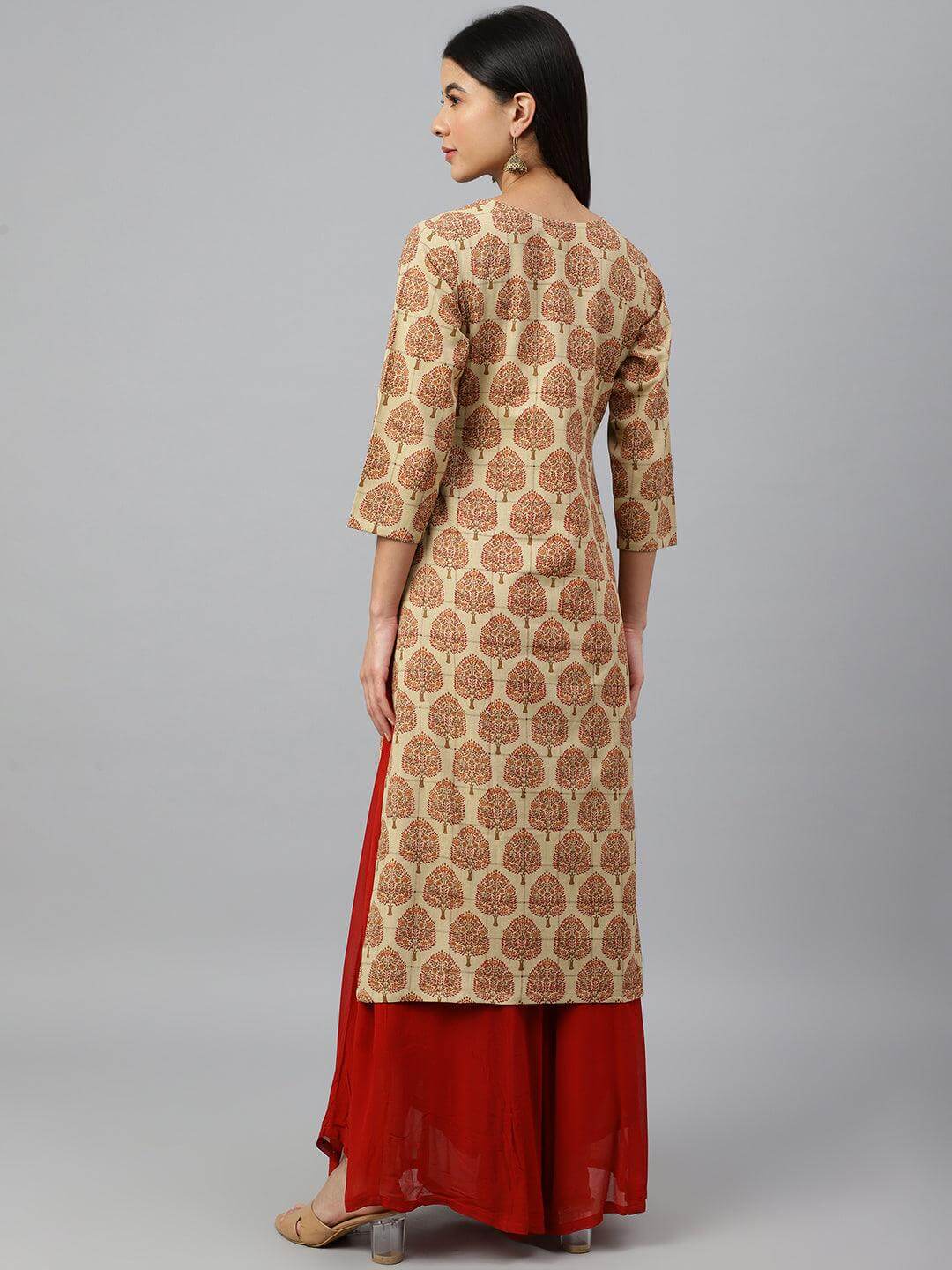 Beige Cotton Ethnic motifs Straight Kurta