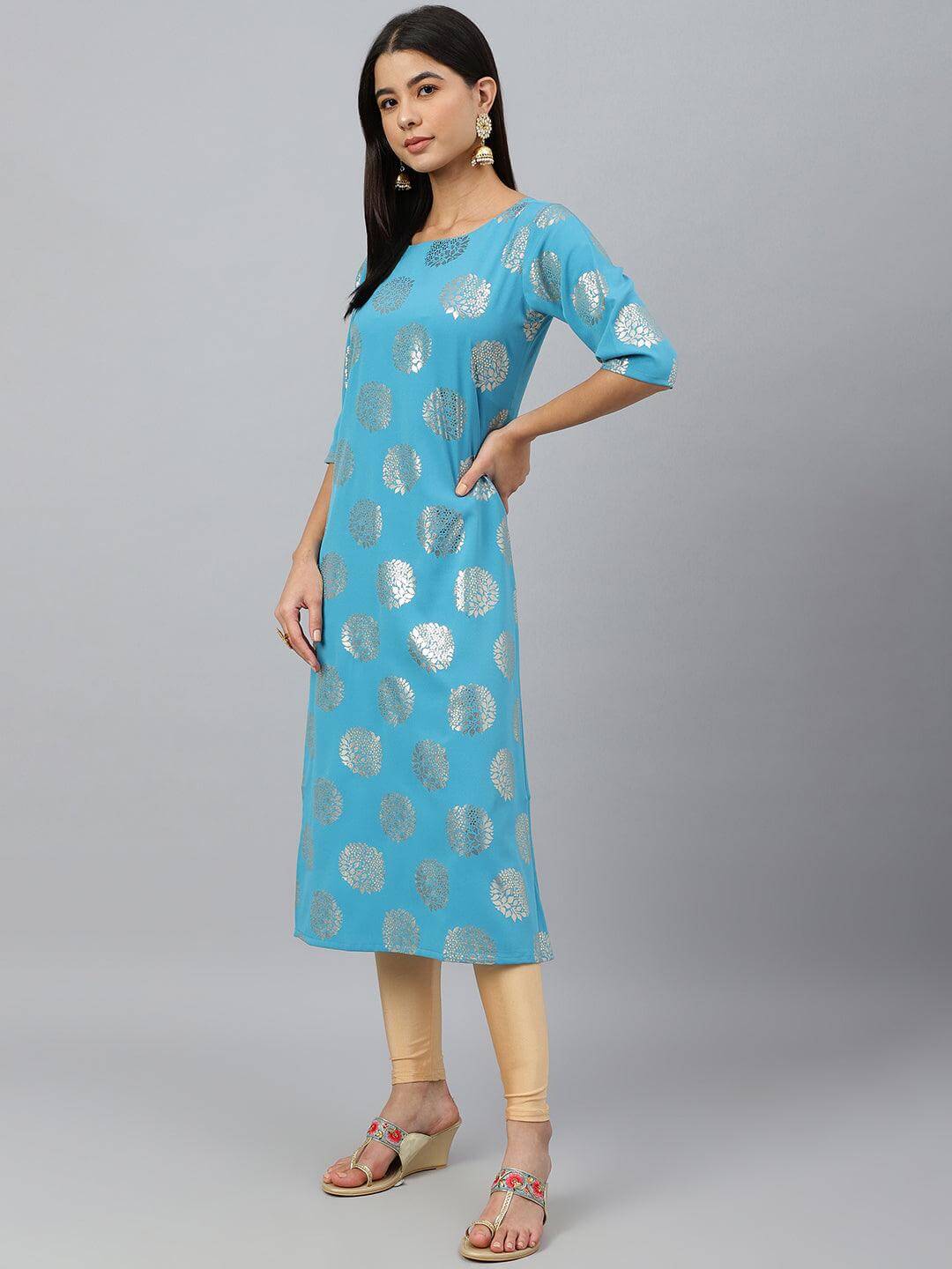 Sky Blue Crepe Foil Print Straight Kurta