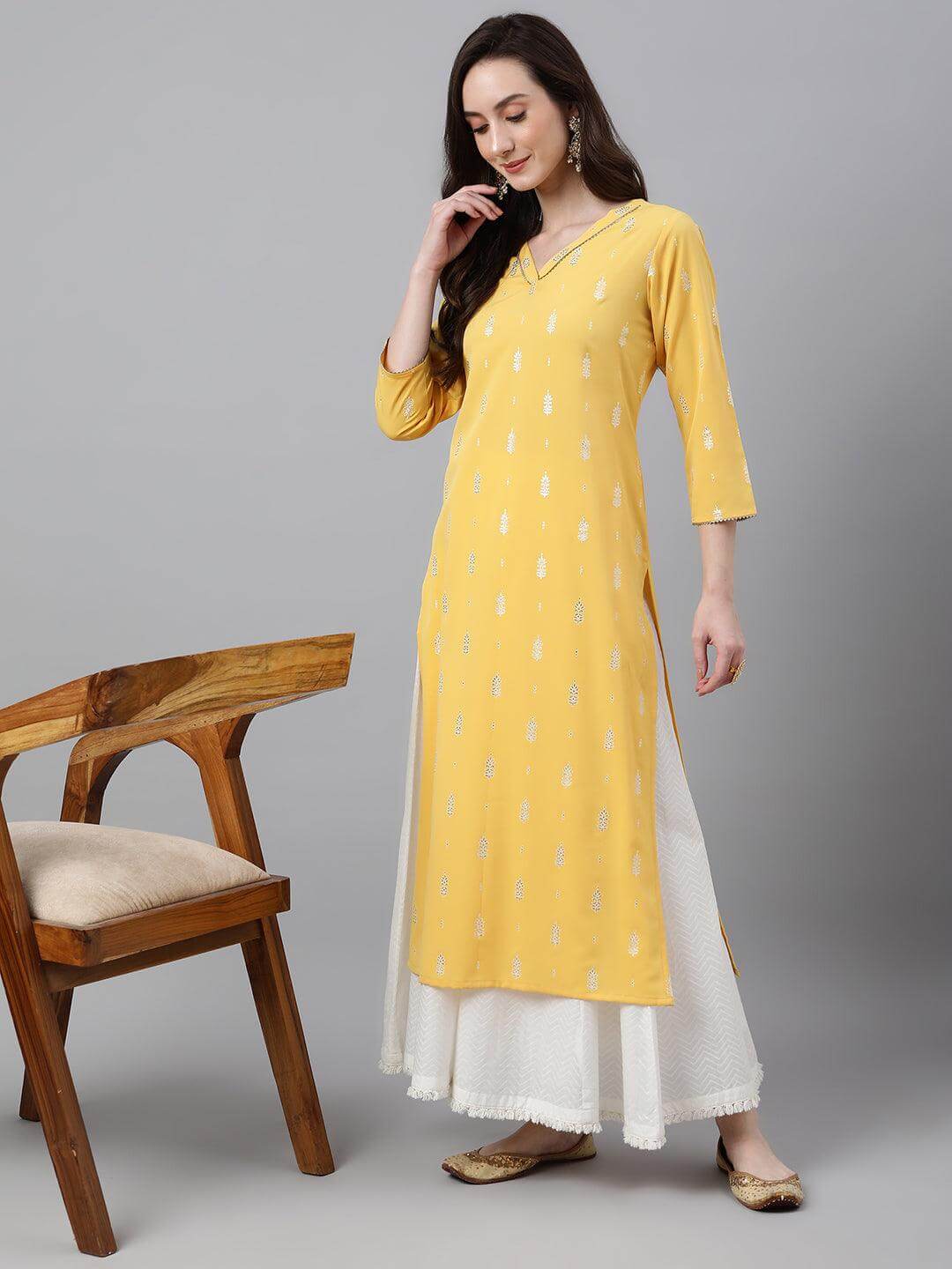Mustard Crepe Foil Print Straight Kurta