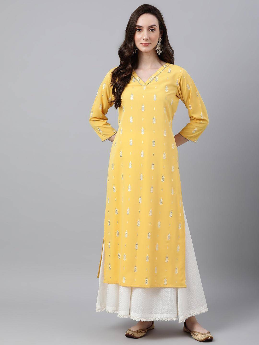 Mustard Crepe Foil Print Straight Kurta
