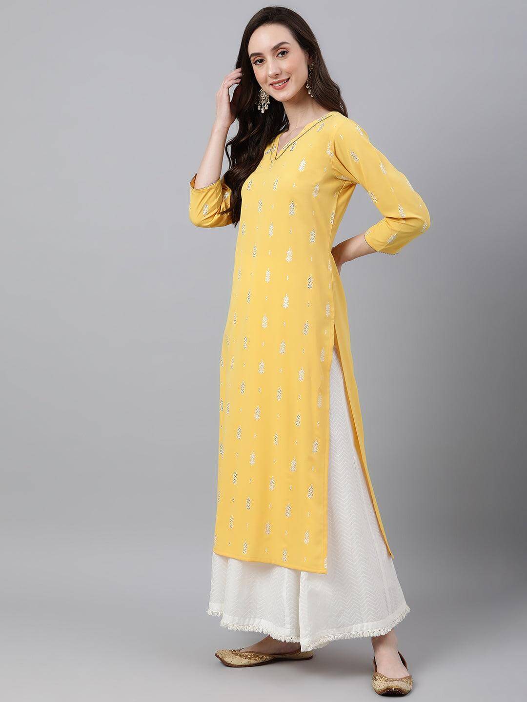 Mustard Crepe Foil Print Straight Kurta