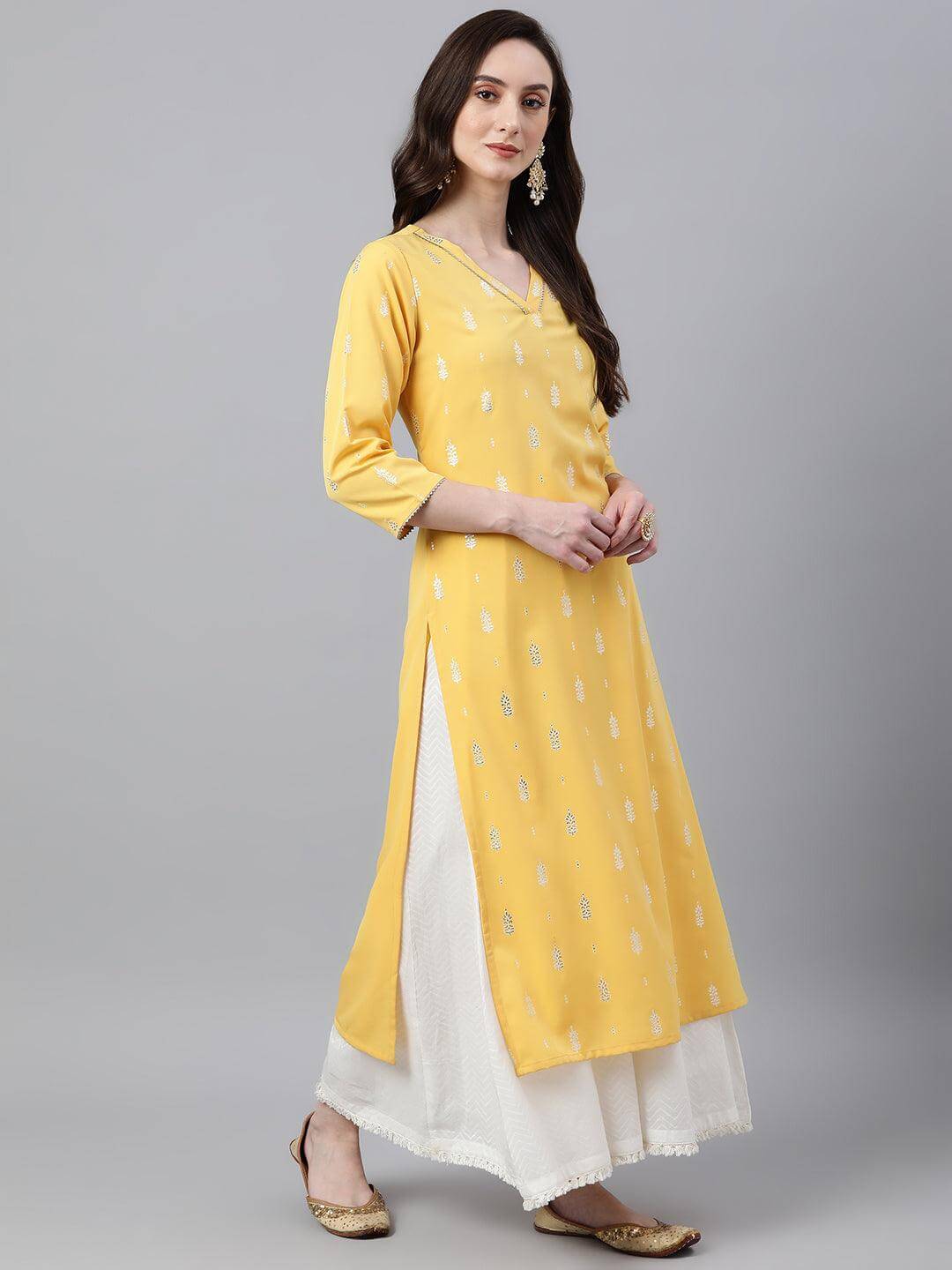 Mustard Crepe Foil Print Straight Kurta