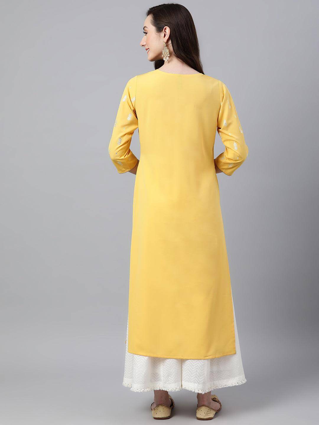 Mustard Crepe Foil Print Straight Kurta
