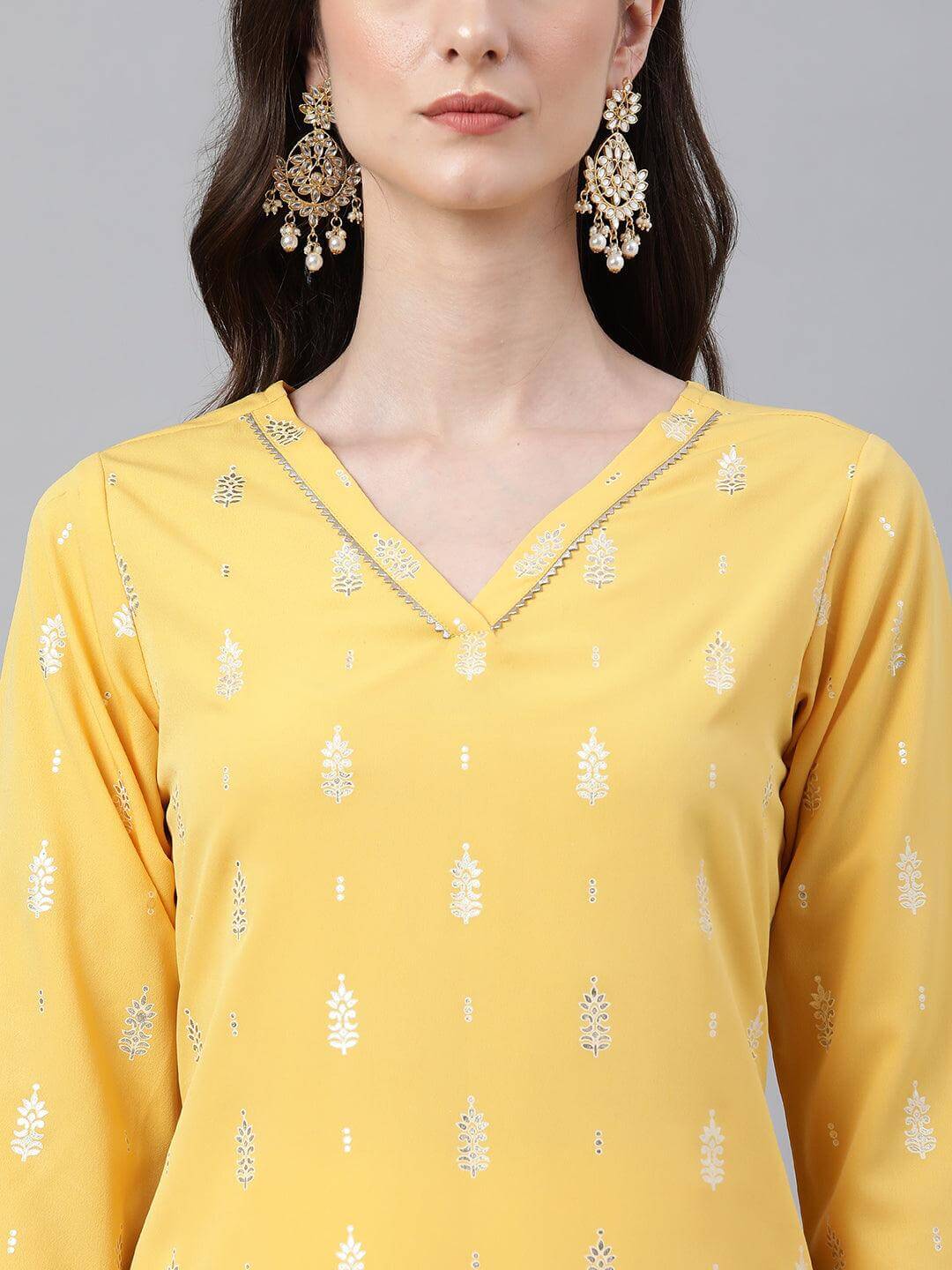 Mustard Crepe Foil Print Straight Kurta