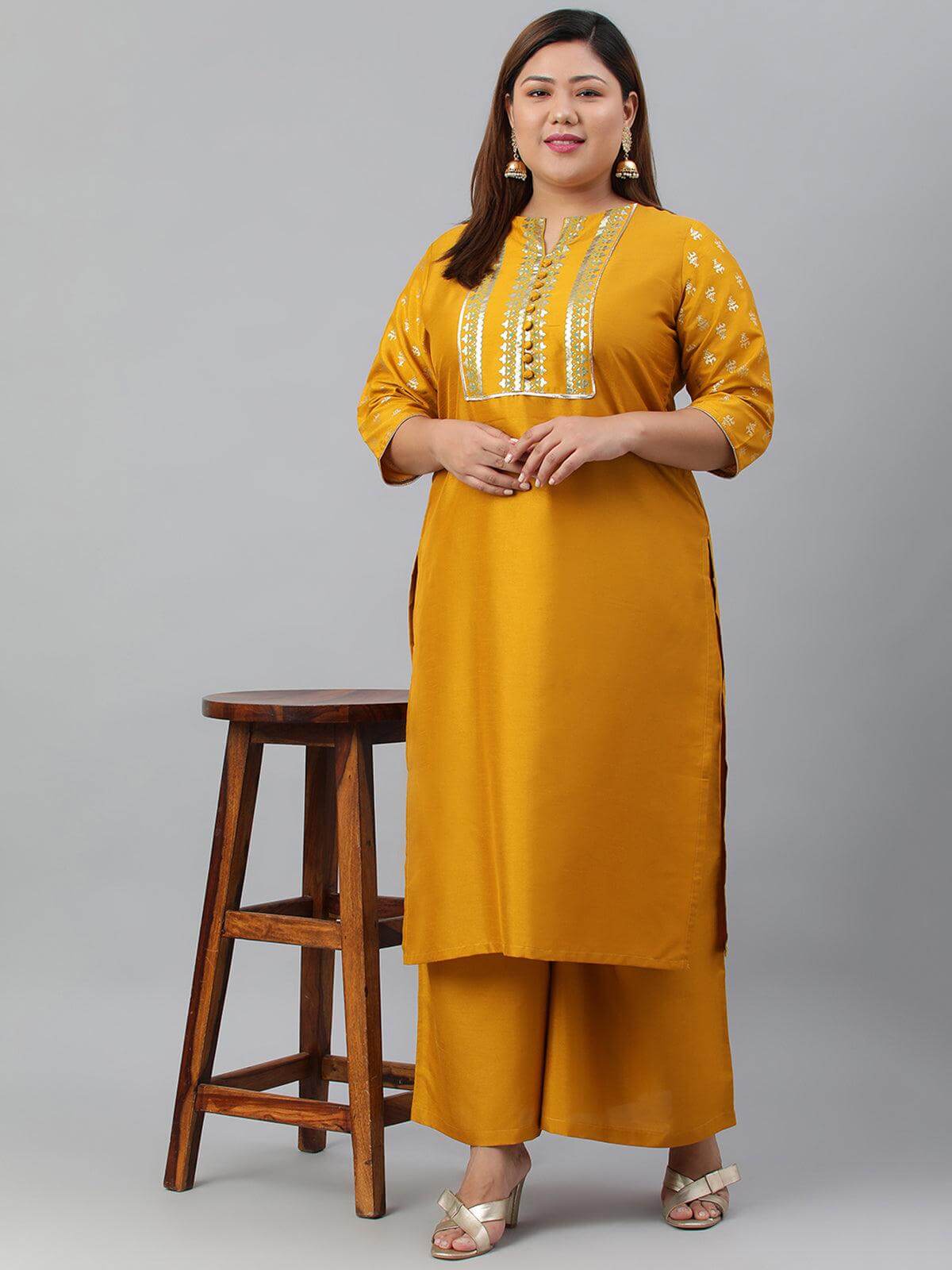 Plus Size Mustard Poly Silk Kurta With Palazzo and Dupatta