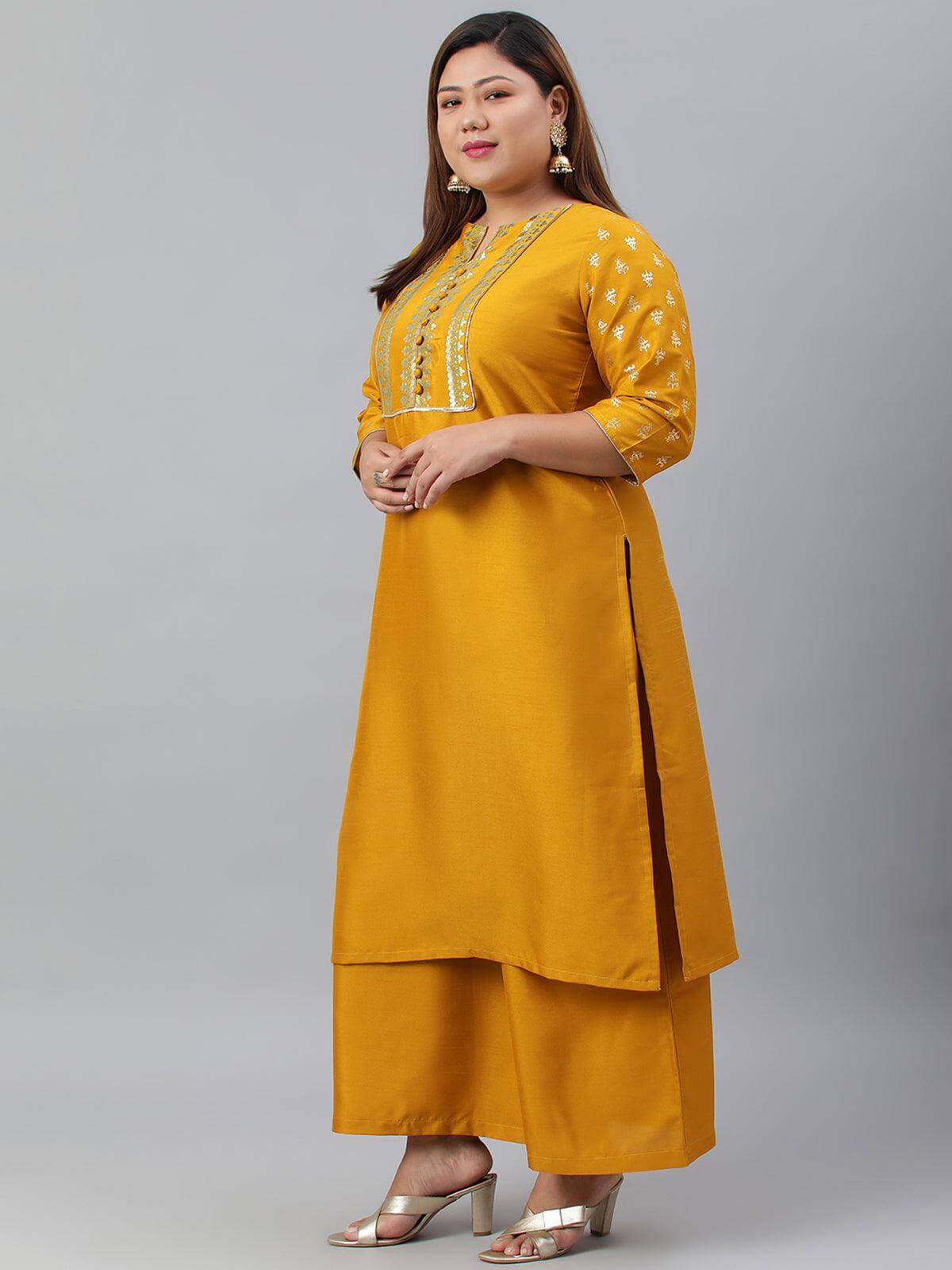 Plus Size Mustard Poly Silk Kurta With Palazzo and Dupatta
