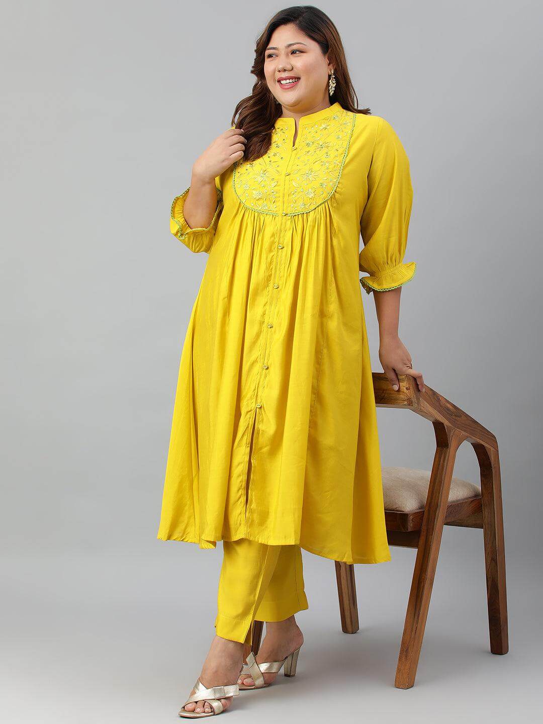 Plus Size Yellow Poly Silk Kurta With Pant