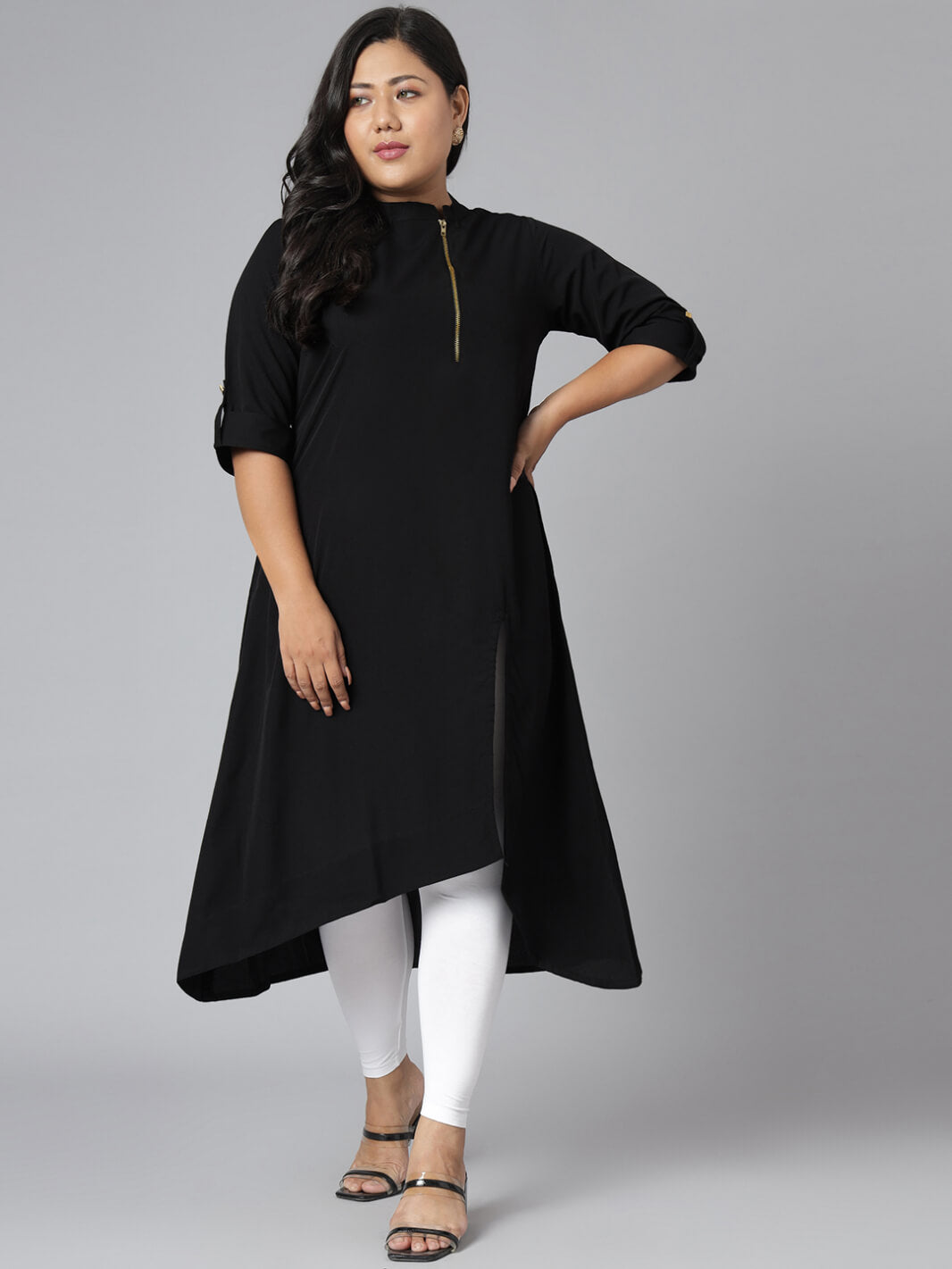 Plus Size Black Poly Crepe Solid High Low Kurta