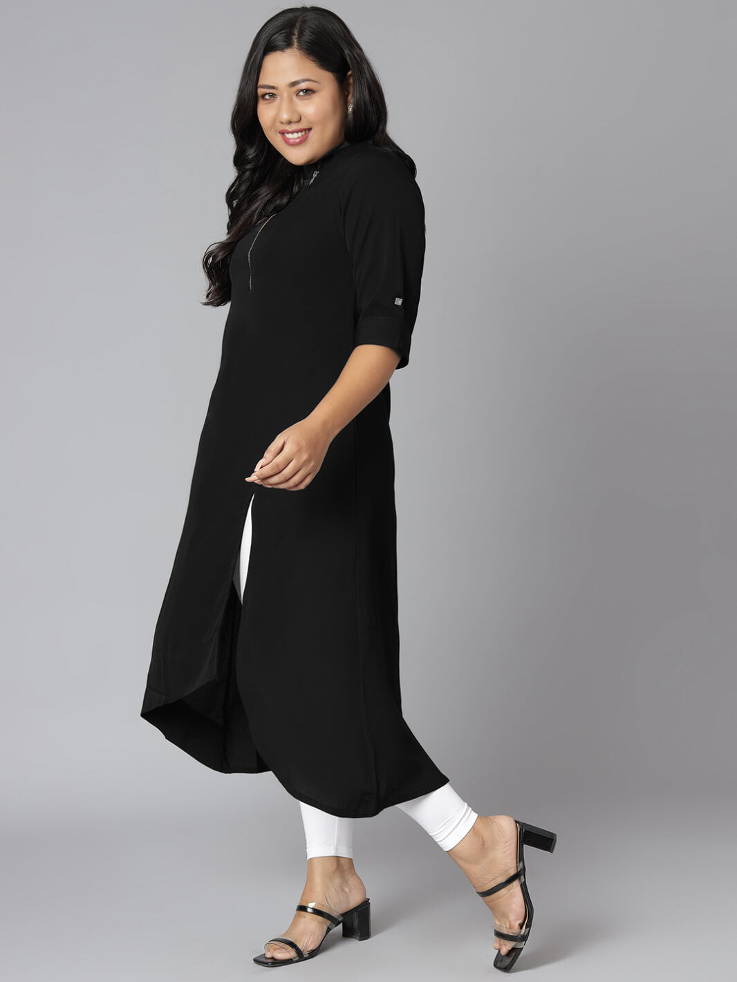 Plus Size Black Poly Crepe Solid High Low Kurta