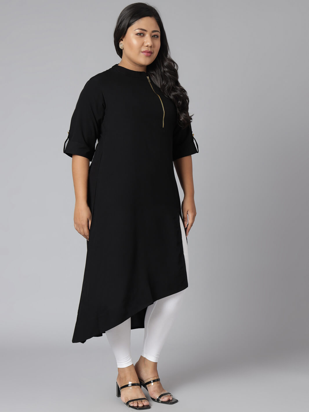 Plus Size Black Poly Crepe Solid High Low Kurta
