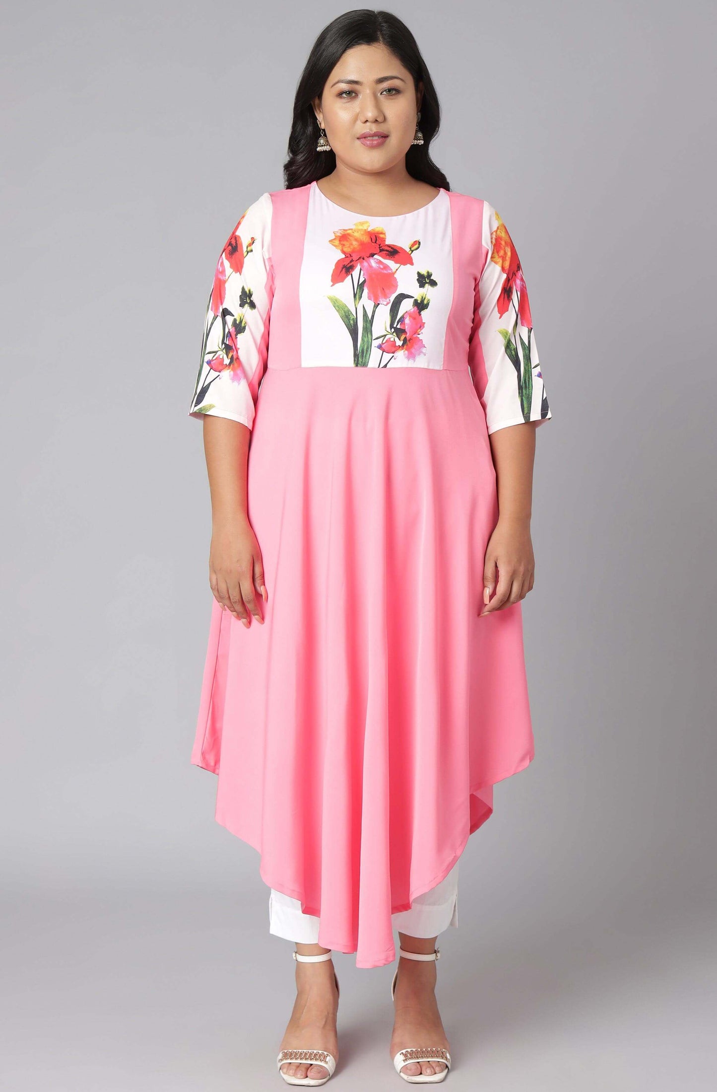 Plus Size Pink Poly Crepe Floral Print Flared Kurta