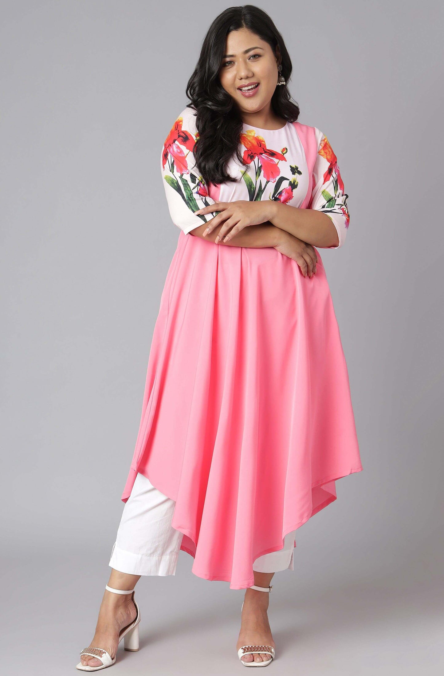 Plus Size Pink Poly Crepe Floral Print Flared Kurta