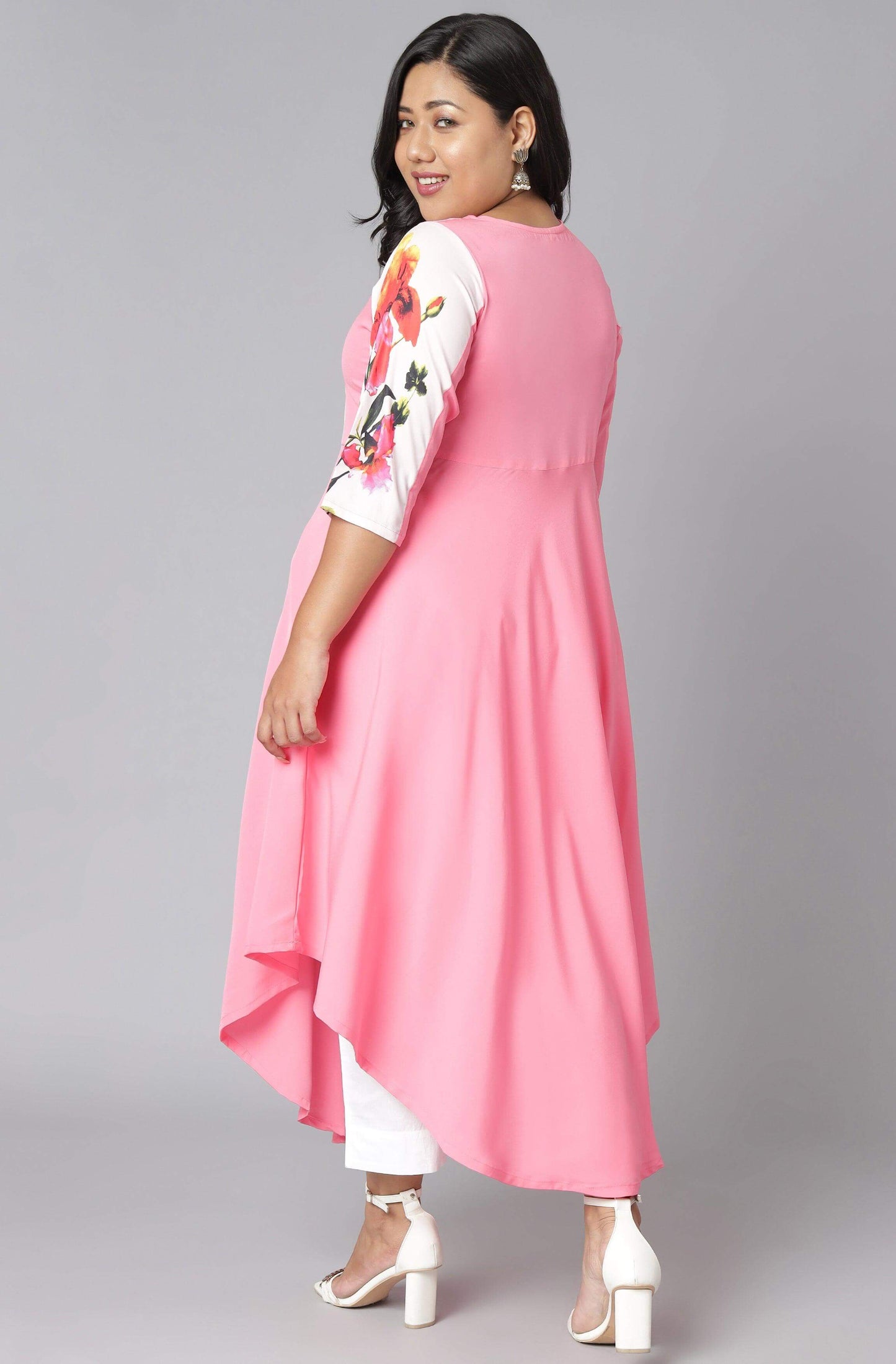 Plus Size Pink Poly Crepe Floral Print Flared Kurta