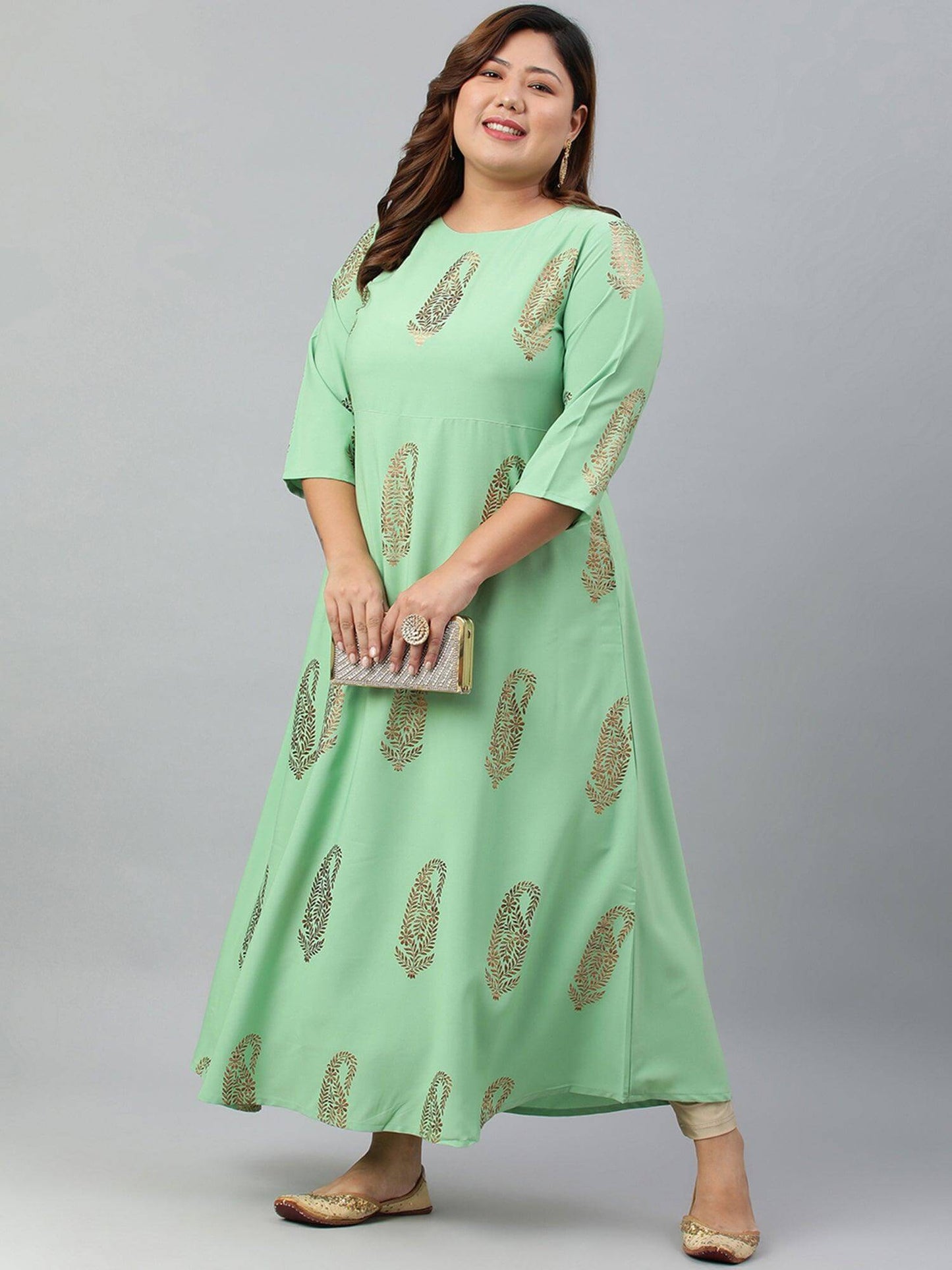 Plus Size Light Green Poly Crepe Gold Print A-line kurta