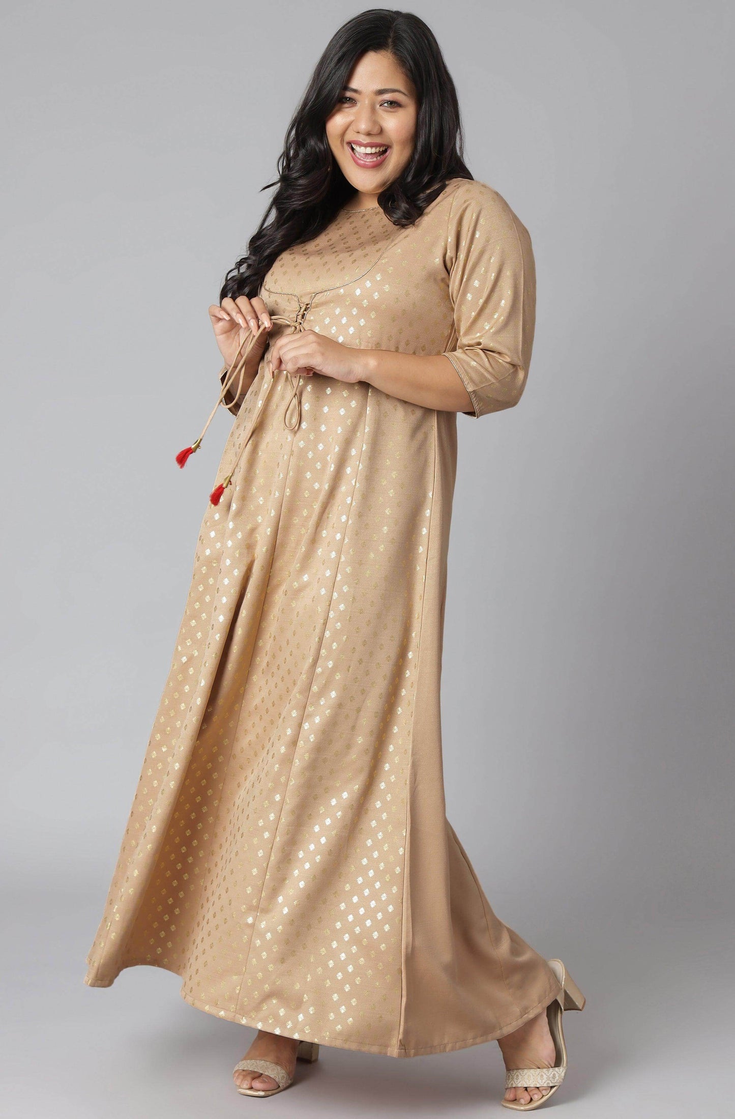 Plus Size Beige Poly Silk Foil Print Anarkali Kurta